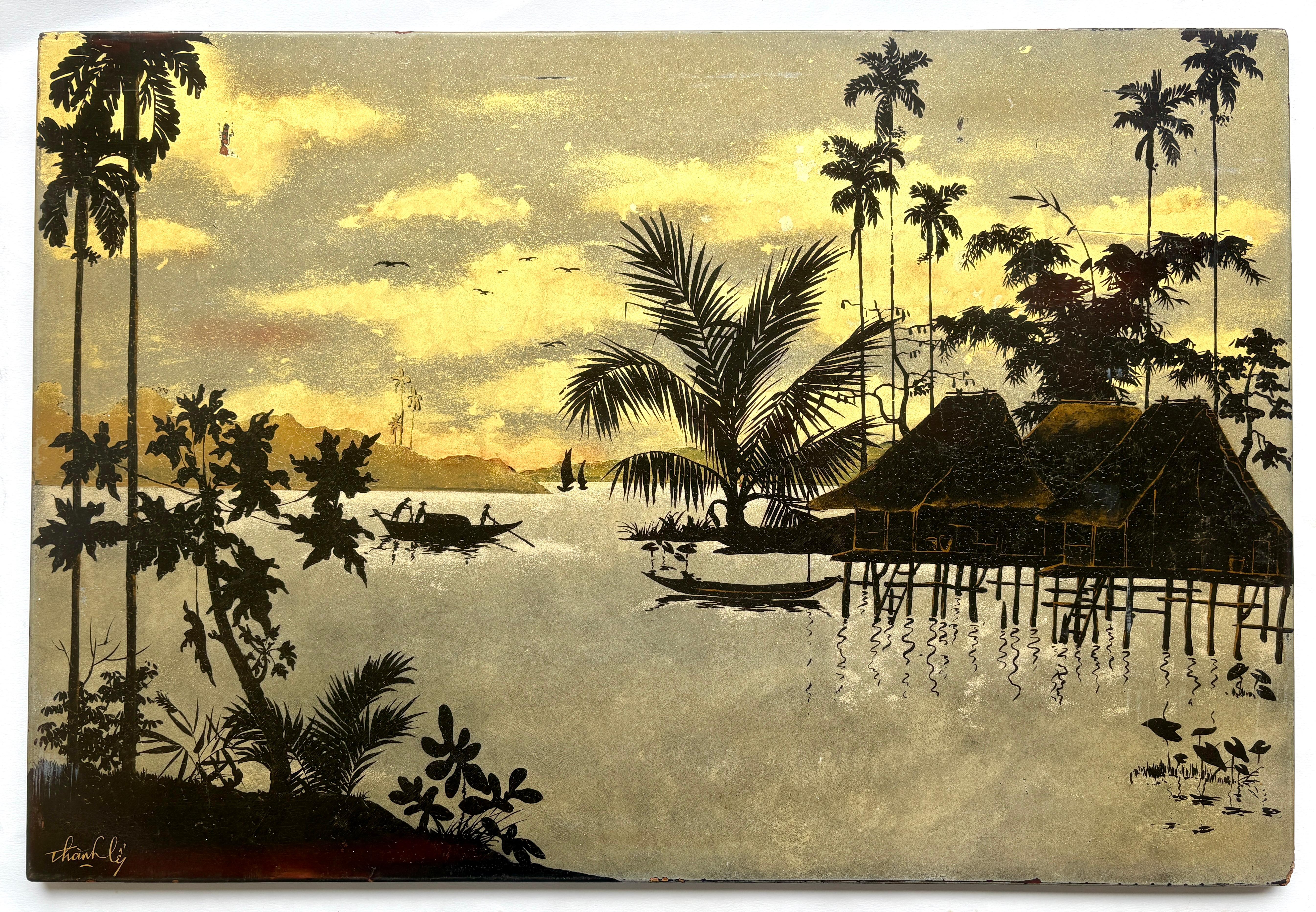 Diese Tafel mit vietnamesischer Lackmalerei von Nguyễn Thanh Lê (1919-2003) aus der Mitte des 20. Jahrhunderts ist ein elegantes Beispiel für die traditionelle vietnamesische sơn mài-Kunst und wurde von einem der führenden Lackmaler der renommierten