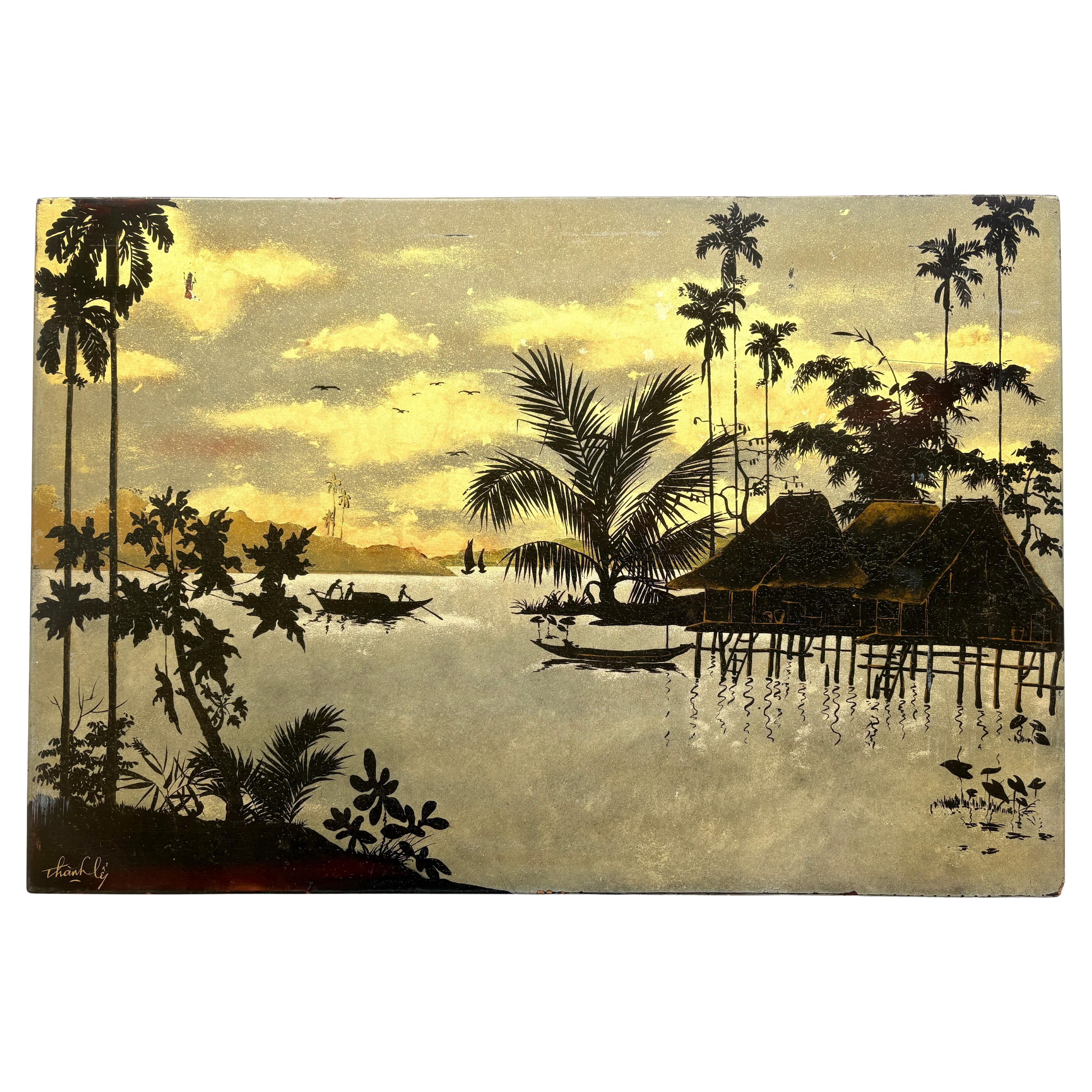 Vietnamesische Lacktafel aus der Mitte des 20. Jahrhunderts von Nguyen Thanh-Ley im Angebot