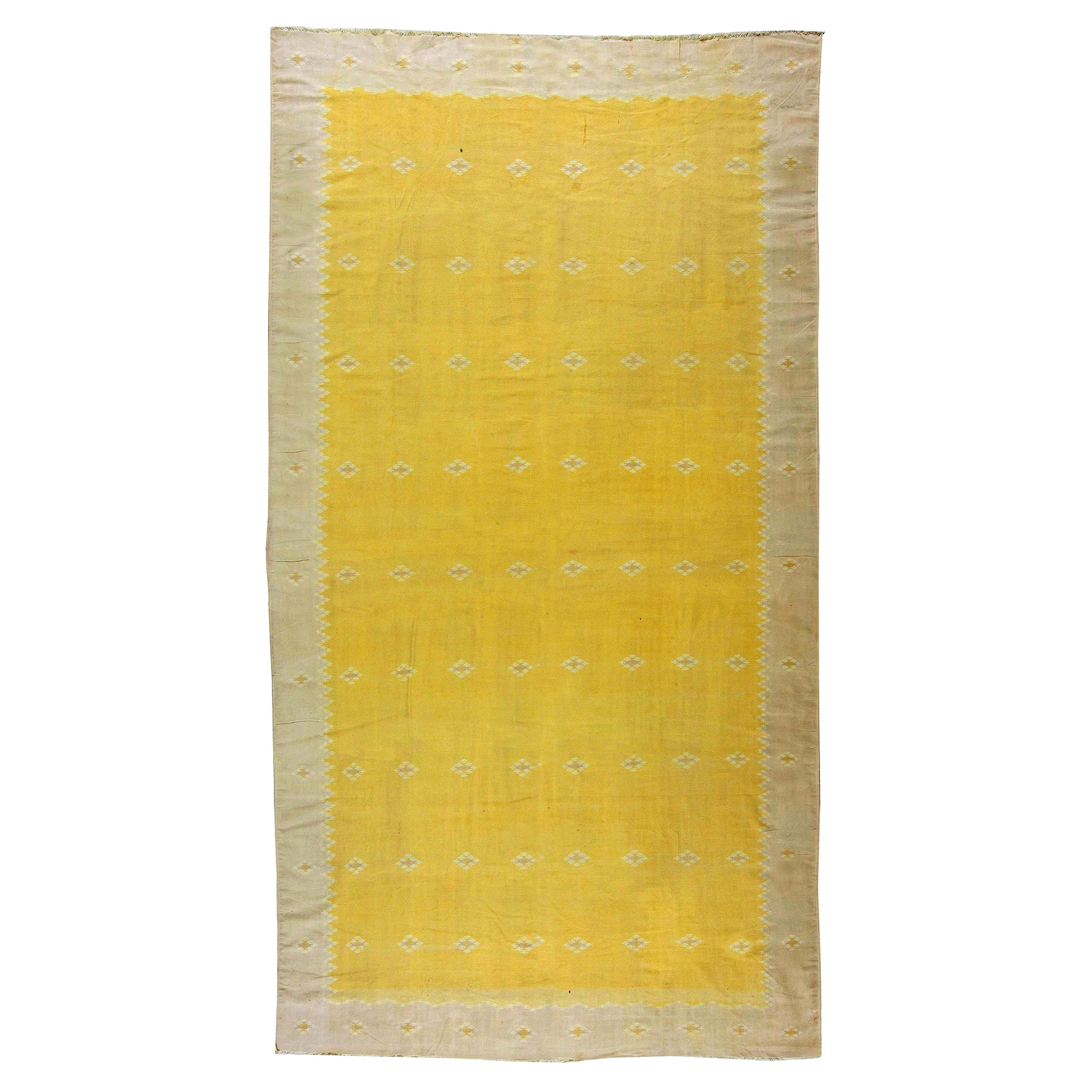 Midcentury Yellow Indian Dhurrie Flat-Woven Rug For Sale