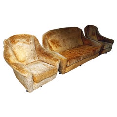 Mid-20thC Tangerine Orange Shag Pile Upholstered Three-Piece Suite, c.1960