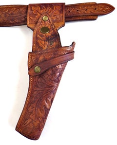 Mid 20thC Western Leather Belt & Holster Tool and Dyed Attached Shot Shell Tube