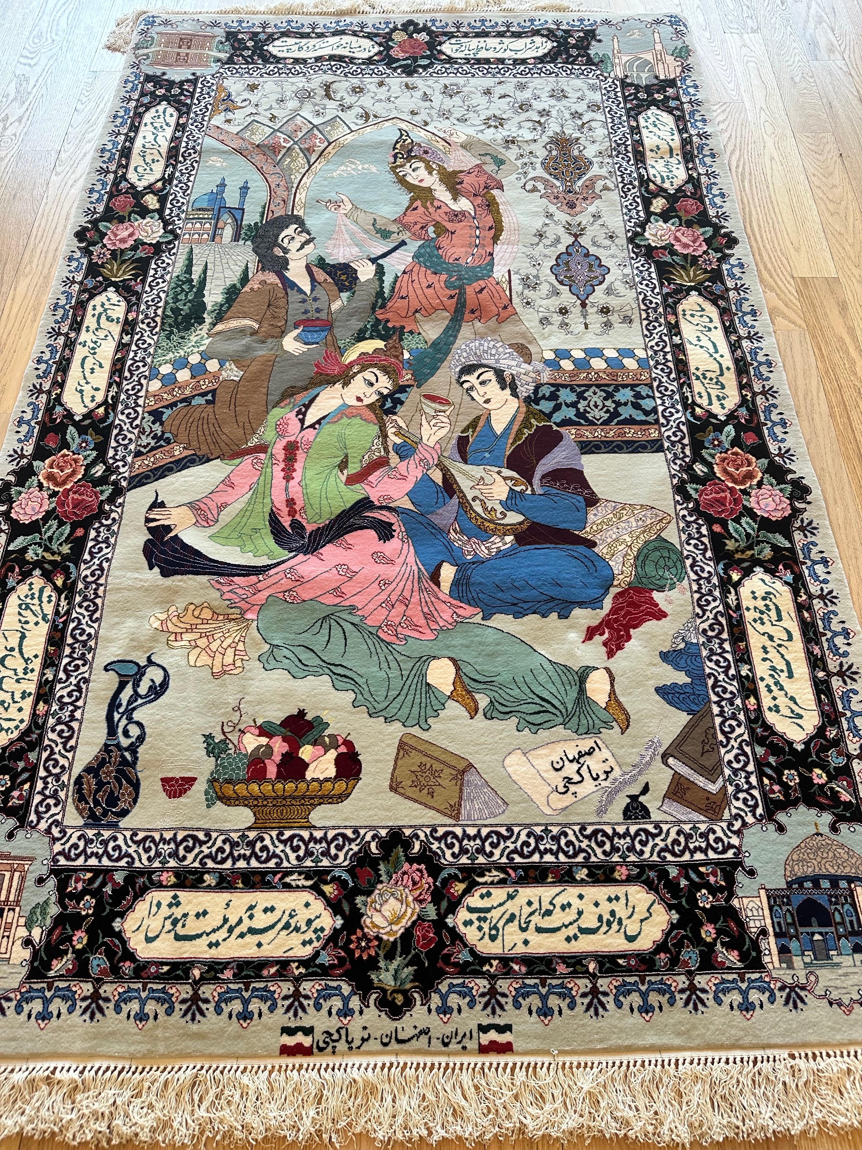 Tappeto pittorico Tabriz della metà del XX secolo Una celebrazione dell'amore, della poesia e della vita di corte in vendita 5