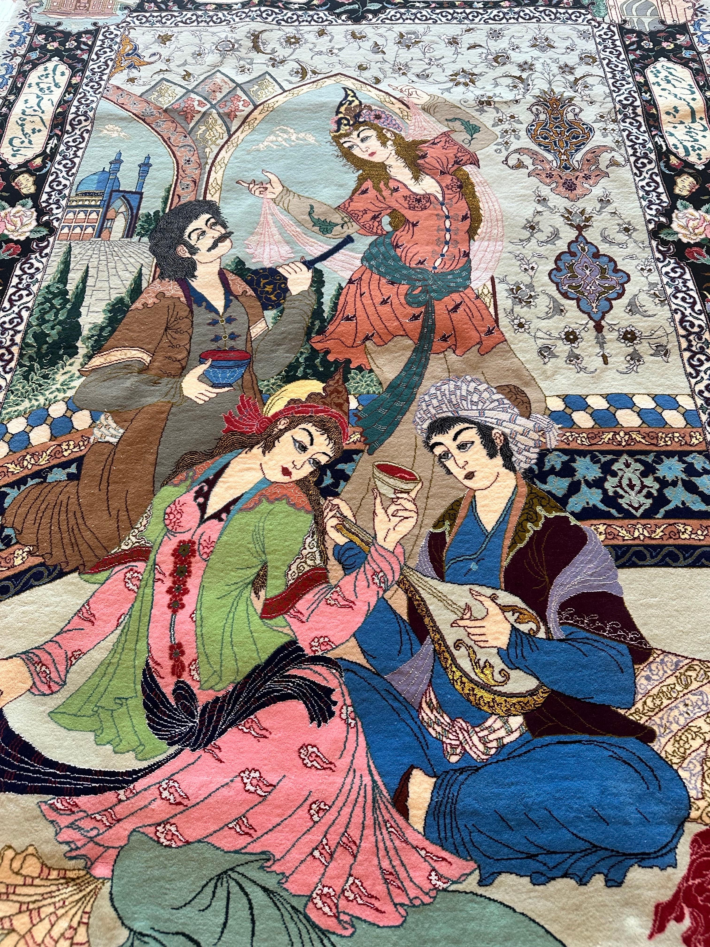 Tappeto pittorico Tabriz della metà del XX secolo Una celebrazione dell'amore, della poesia e della vita di corte in vendita 6