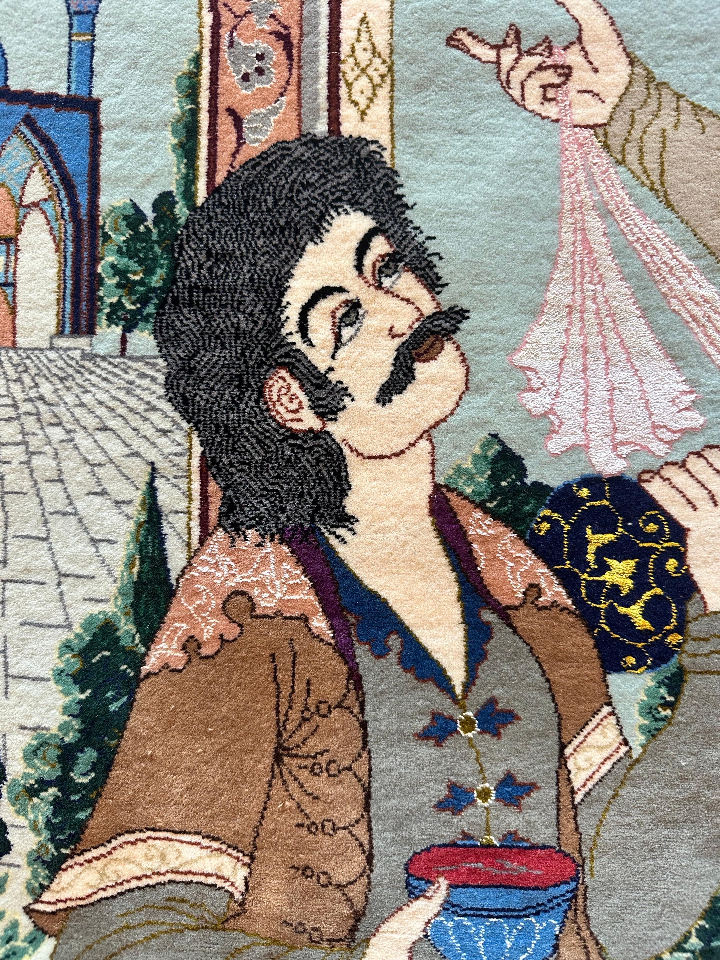 Tappeto pittorico Tabriz della metà del XX secolo Una celebrazione dell'amore, della poesia e della vita di corte in vendita 7