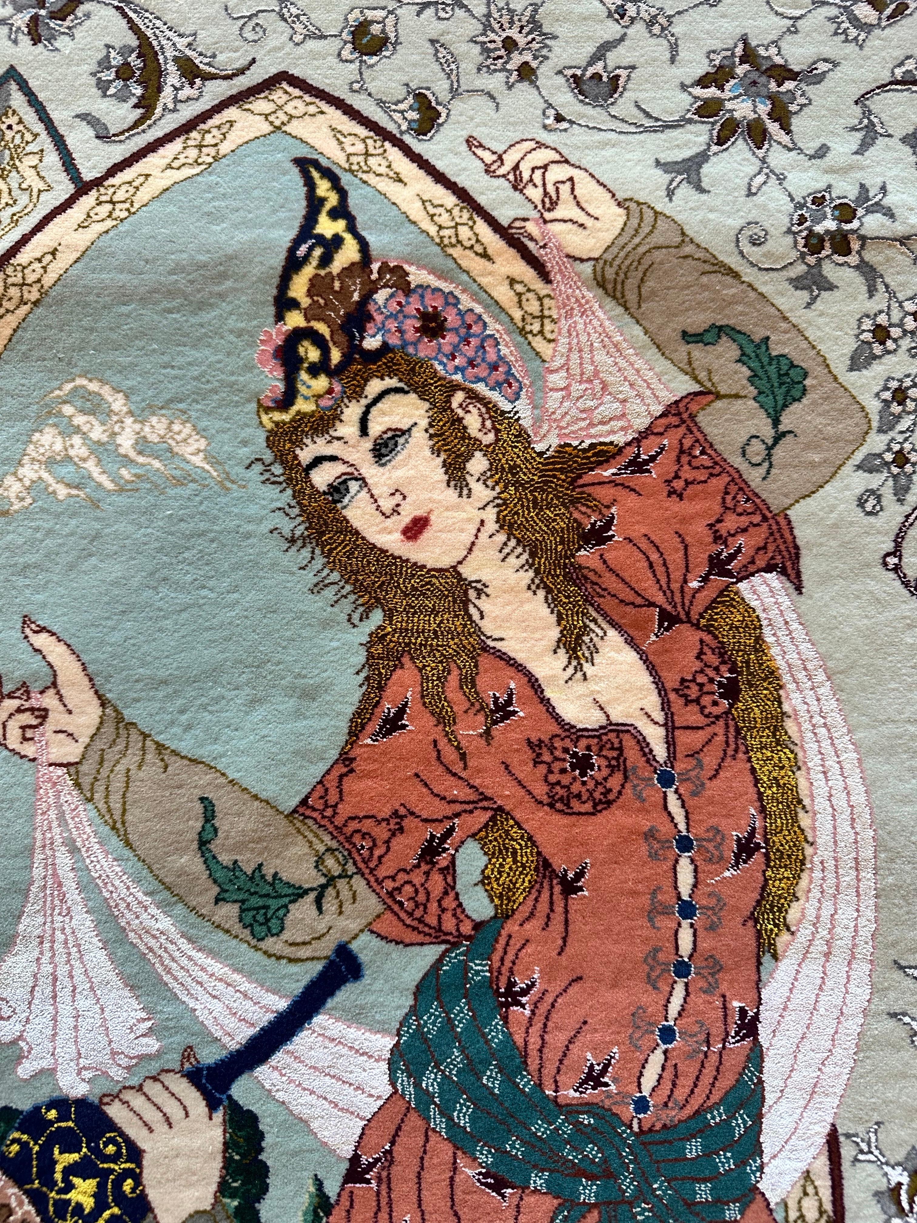 Tappeto pittorico Tabriz della metà del XX secolo Una celebrazione dell'amore, della poesia e della vita di corte in vendita 8