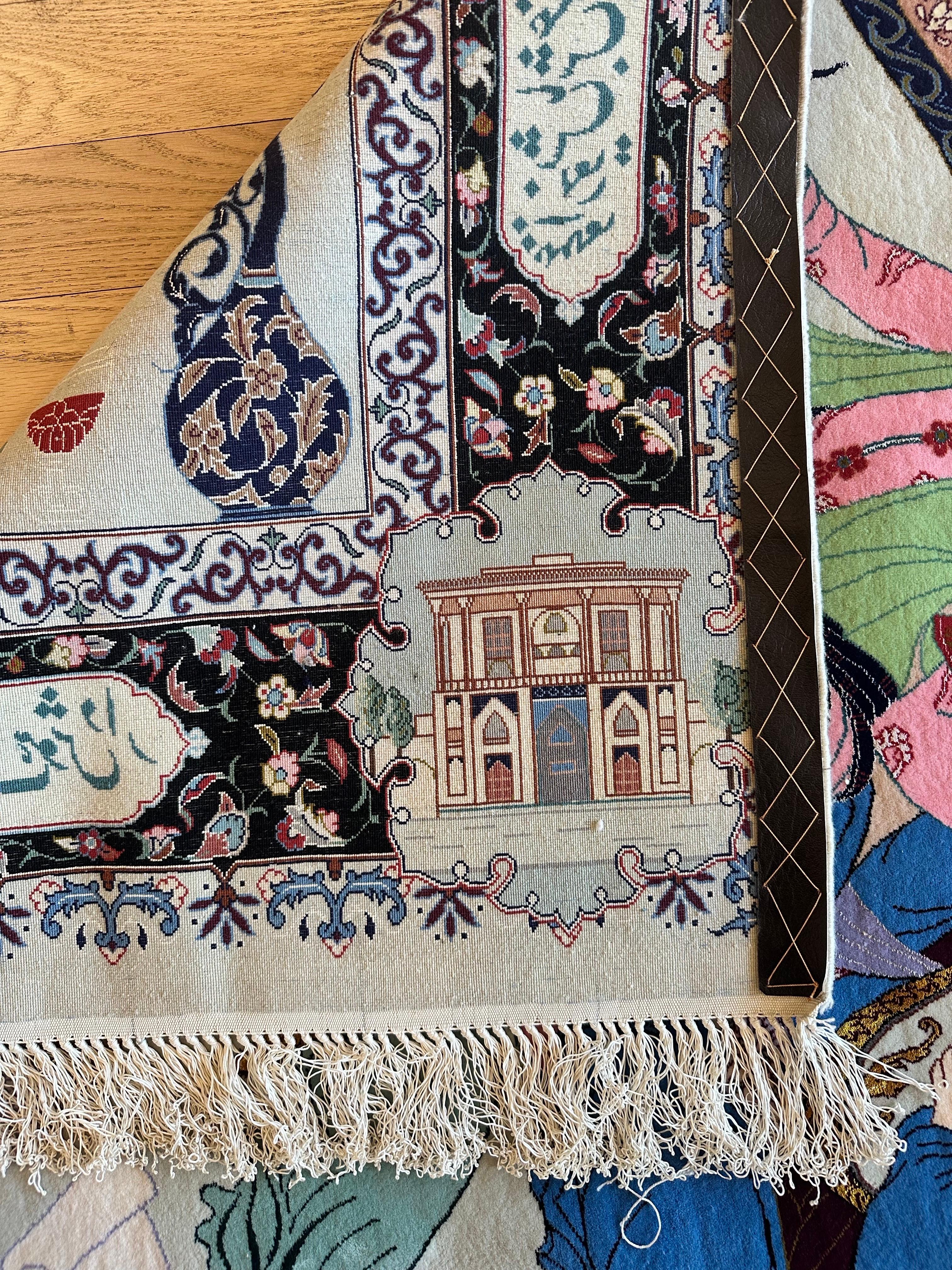 Tappeto pittorico Tabriz della metà del XX secolo Una celebrazione dell'amore, della poesia e della vita di corte in vendita 11