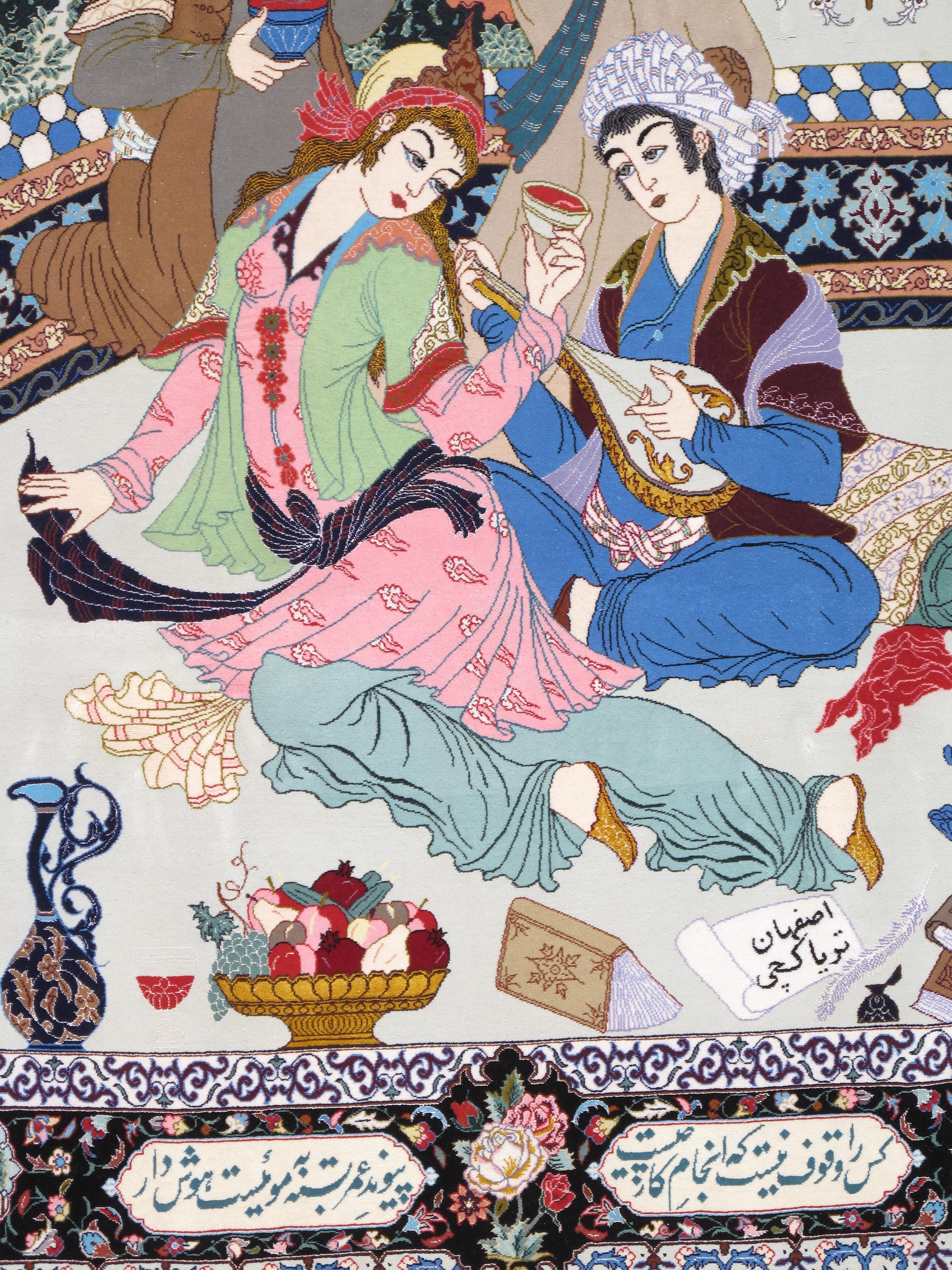 Annodato a mano Tappeto pittorico Tabriz della metà del XX secolo Una celebrazione dell'amore, della poesia e della vita di corte in vendita