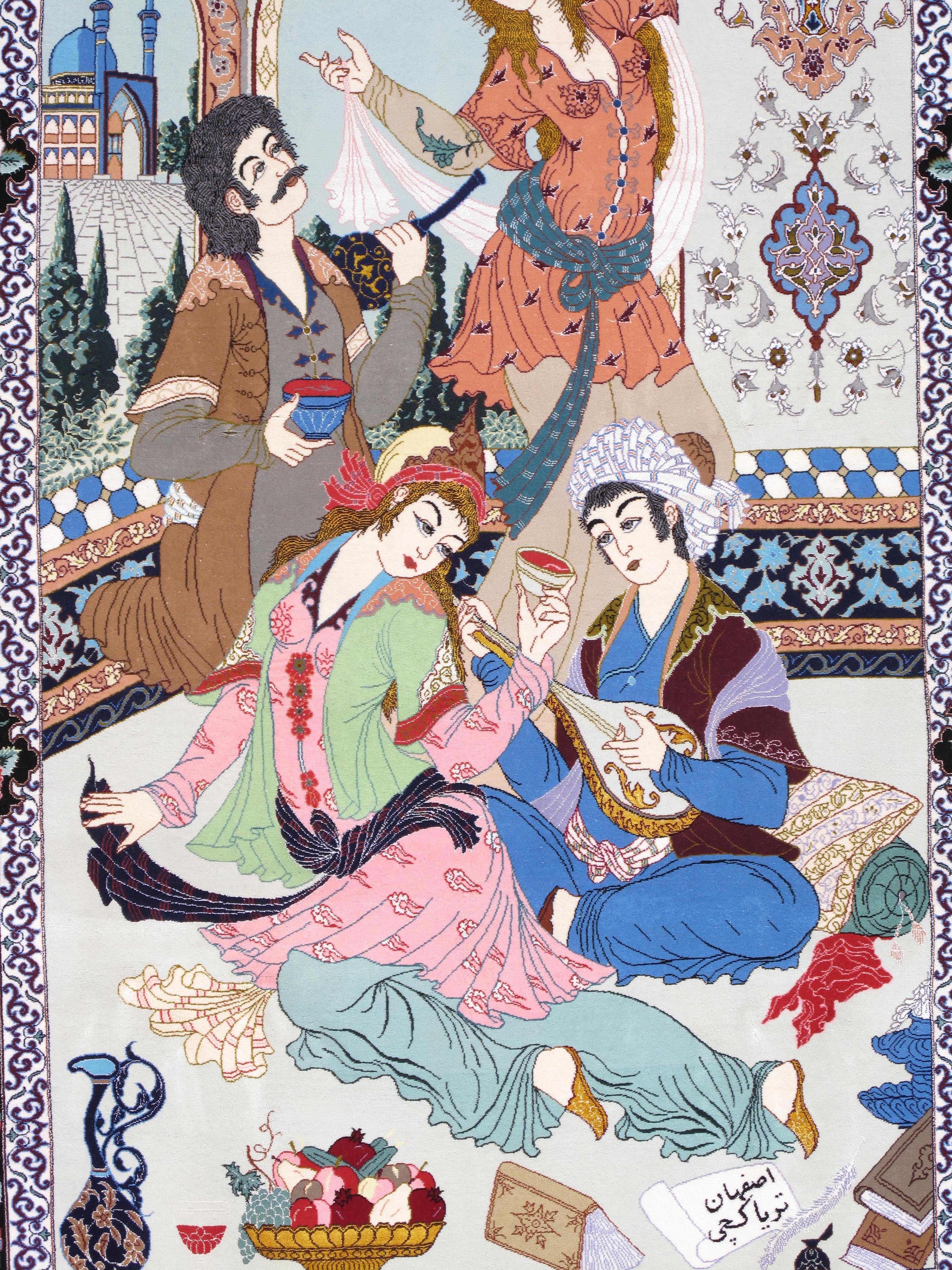Tappeto pittorico Tabriz della metà del XX secolo Una celebrazione dell'amore, della poesia e della vita di corte In condizioni ottime in vendita a Port Washington, NY