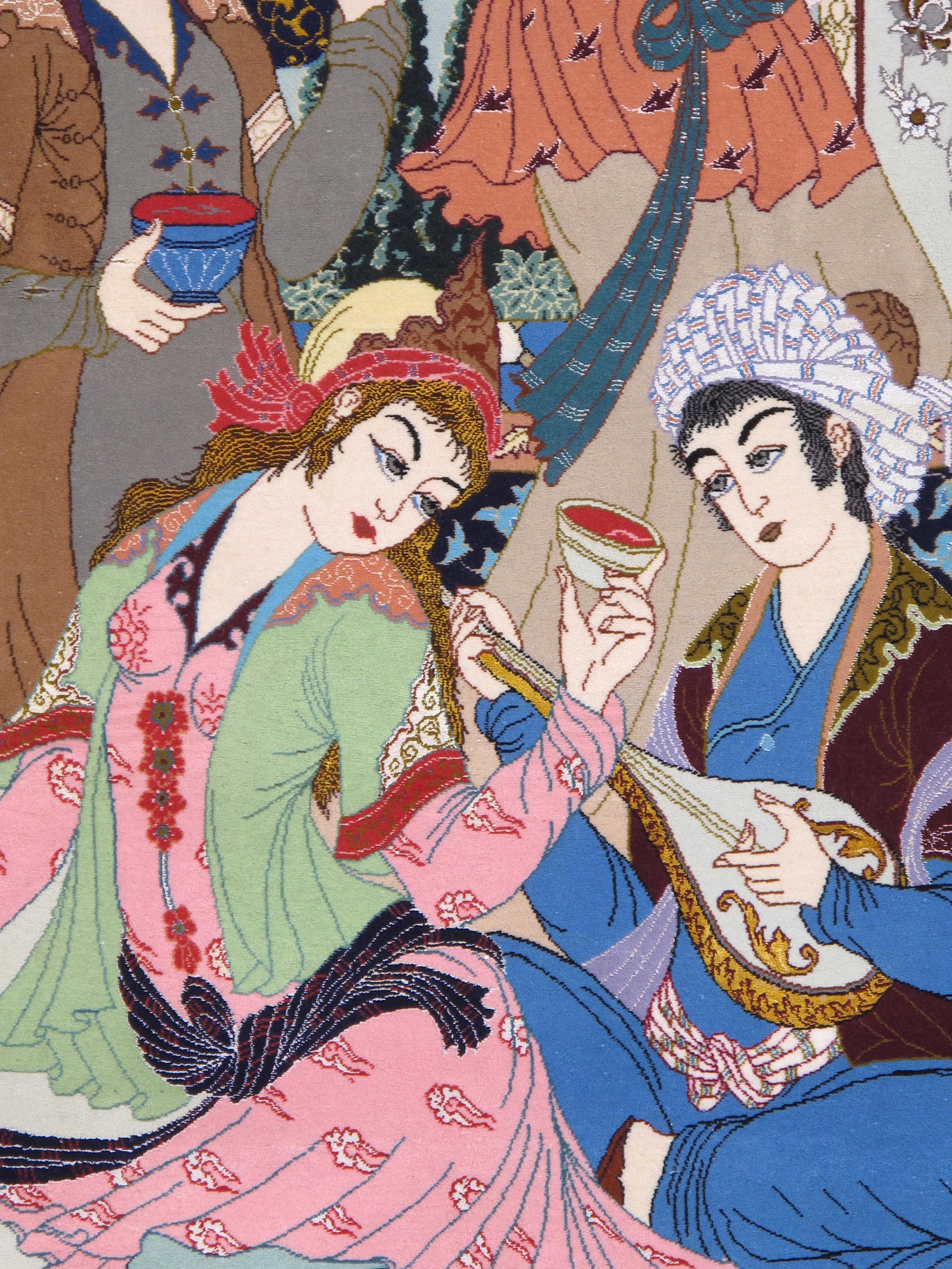 Lana Tappeto pittorico Tabriz della metà del XX secolo Una celebrazione dell'amore, della poesia e della vita di corte in vendita