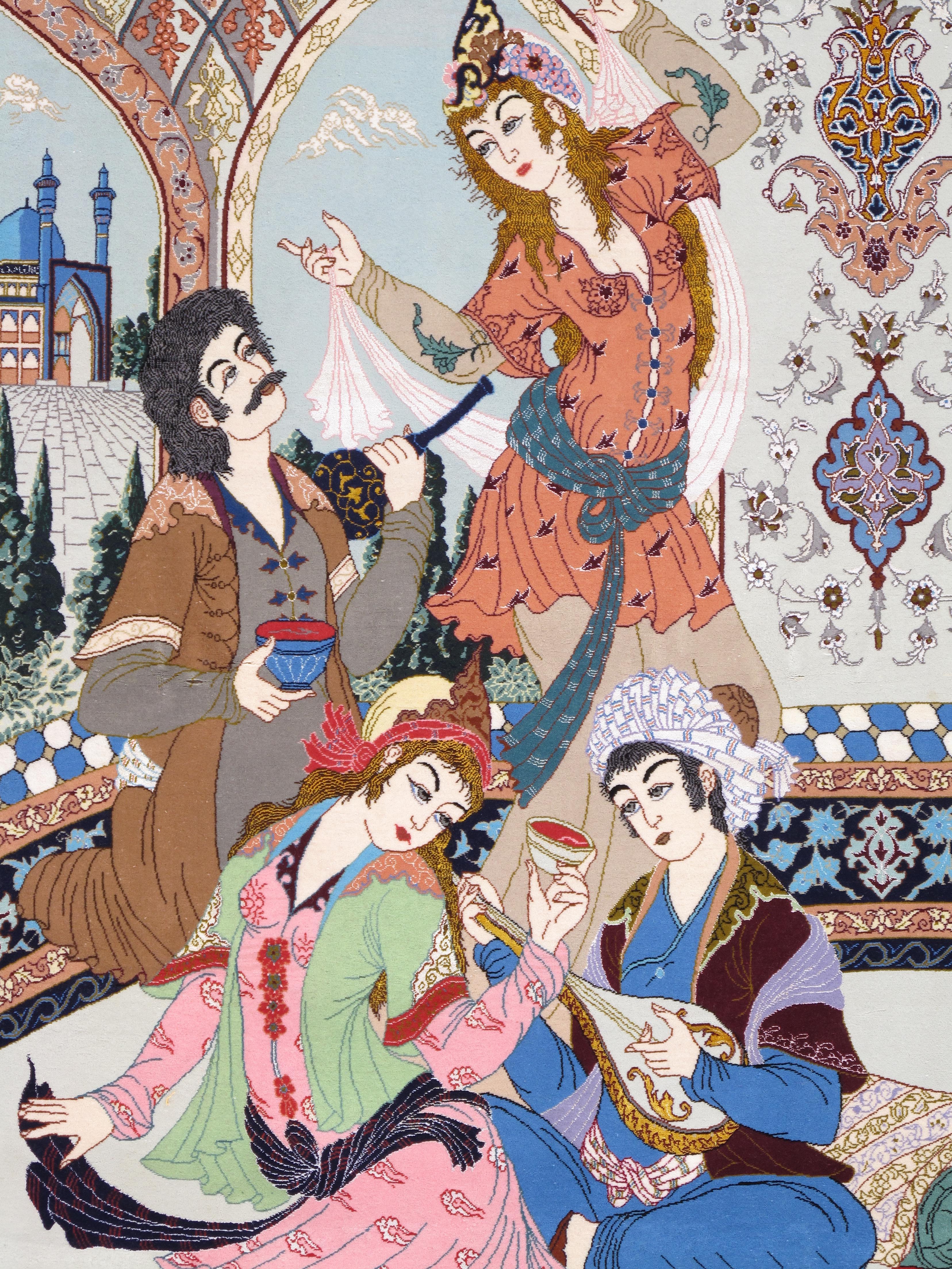 Tappeto pittorico Tabriz della metà del XX secolo Una celebrazione dell'amore, della poesia e della vita di corte in vendita 1