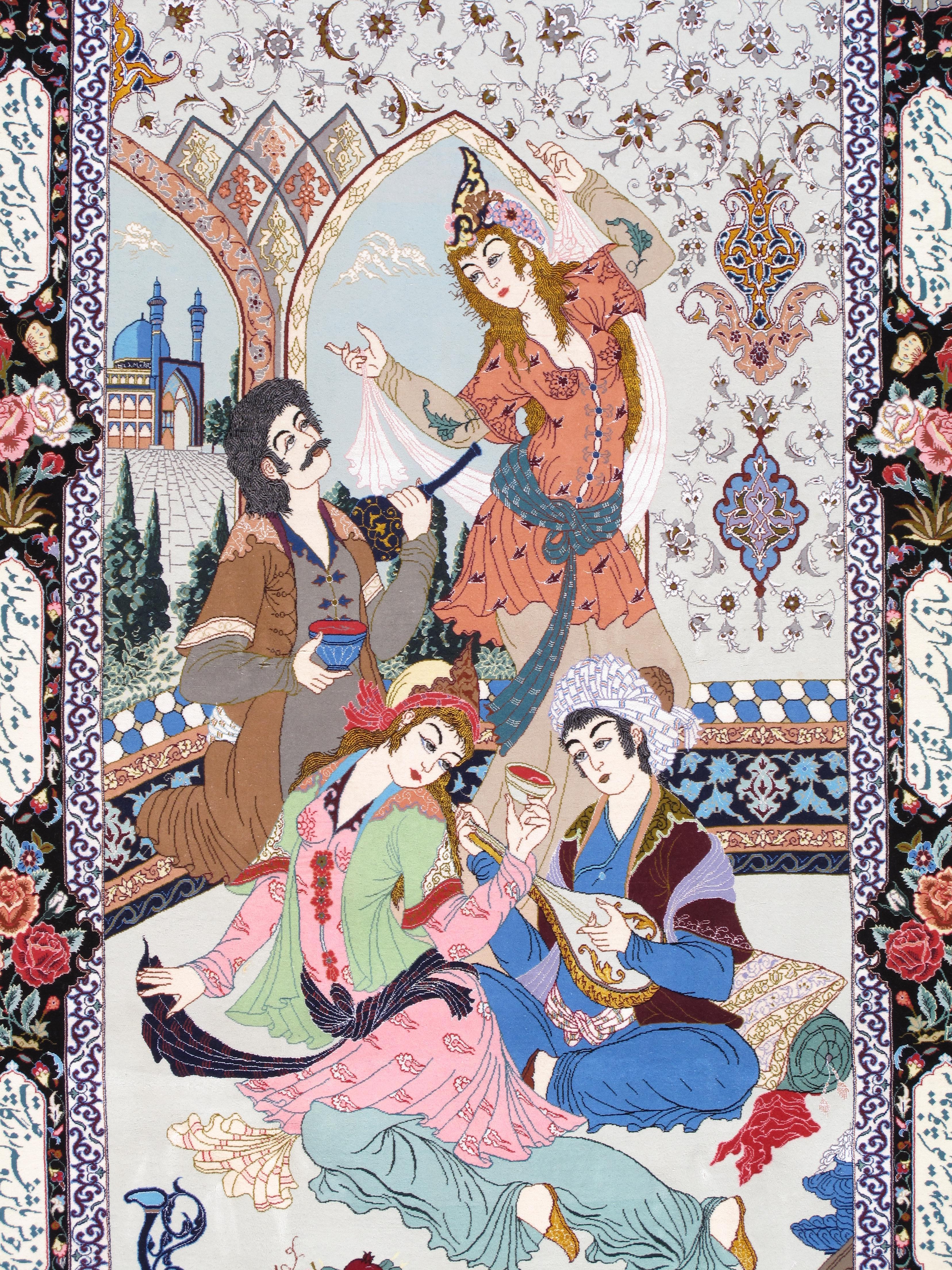 Tappeto pittorico Tabriz della metà del XX secolo Una celebrazione dell'amore, della poesia e della vita di corte in vendita 2