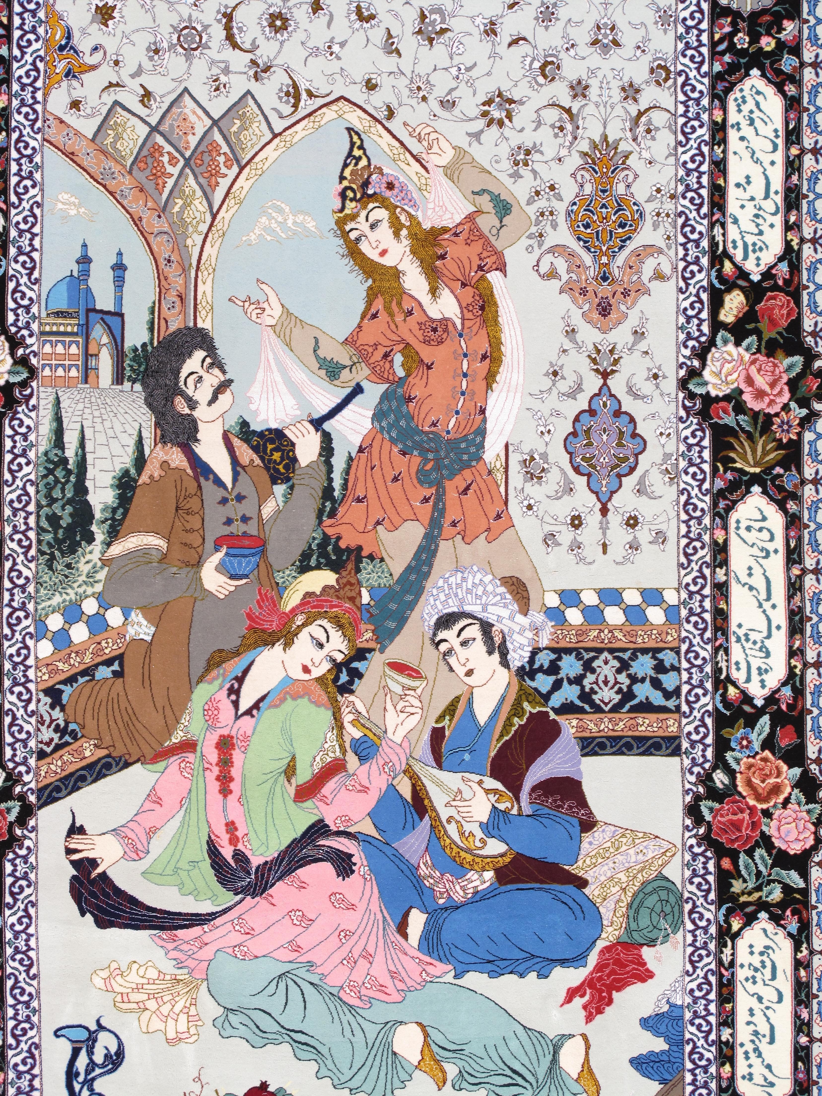 Tappeto pittorico Tabriz della metà del XX secolo Una celebrazione dell'amore, della poesia e della vita di corte in vendita 3