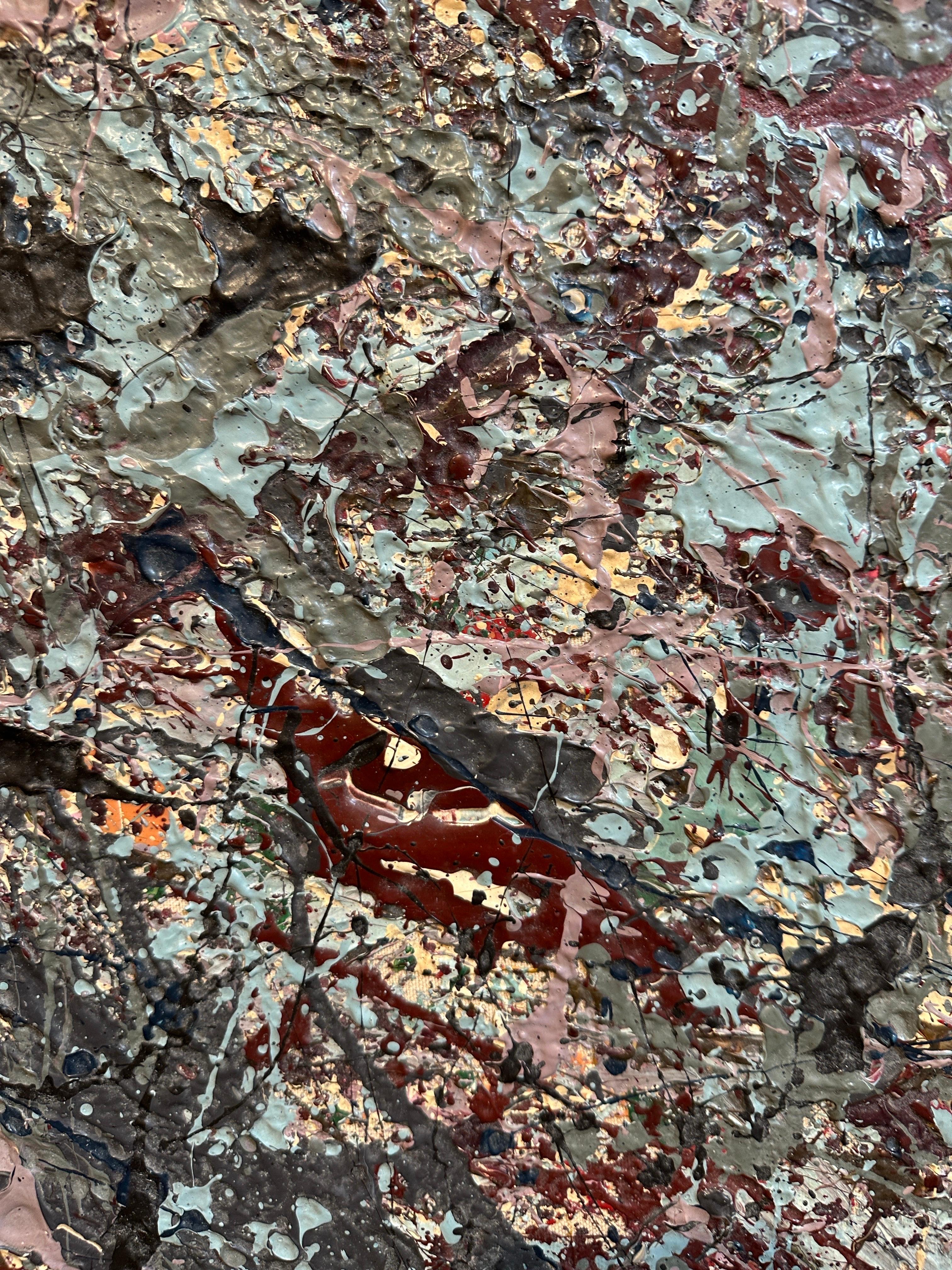 Abstraktes Gemälde aus der Mitte der 70er Jahre - Stil von Jackson Pollack, blau, cremefarben, lavendel im Angebot 4