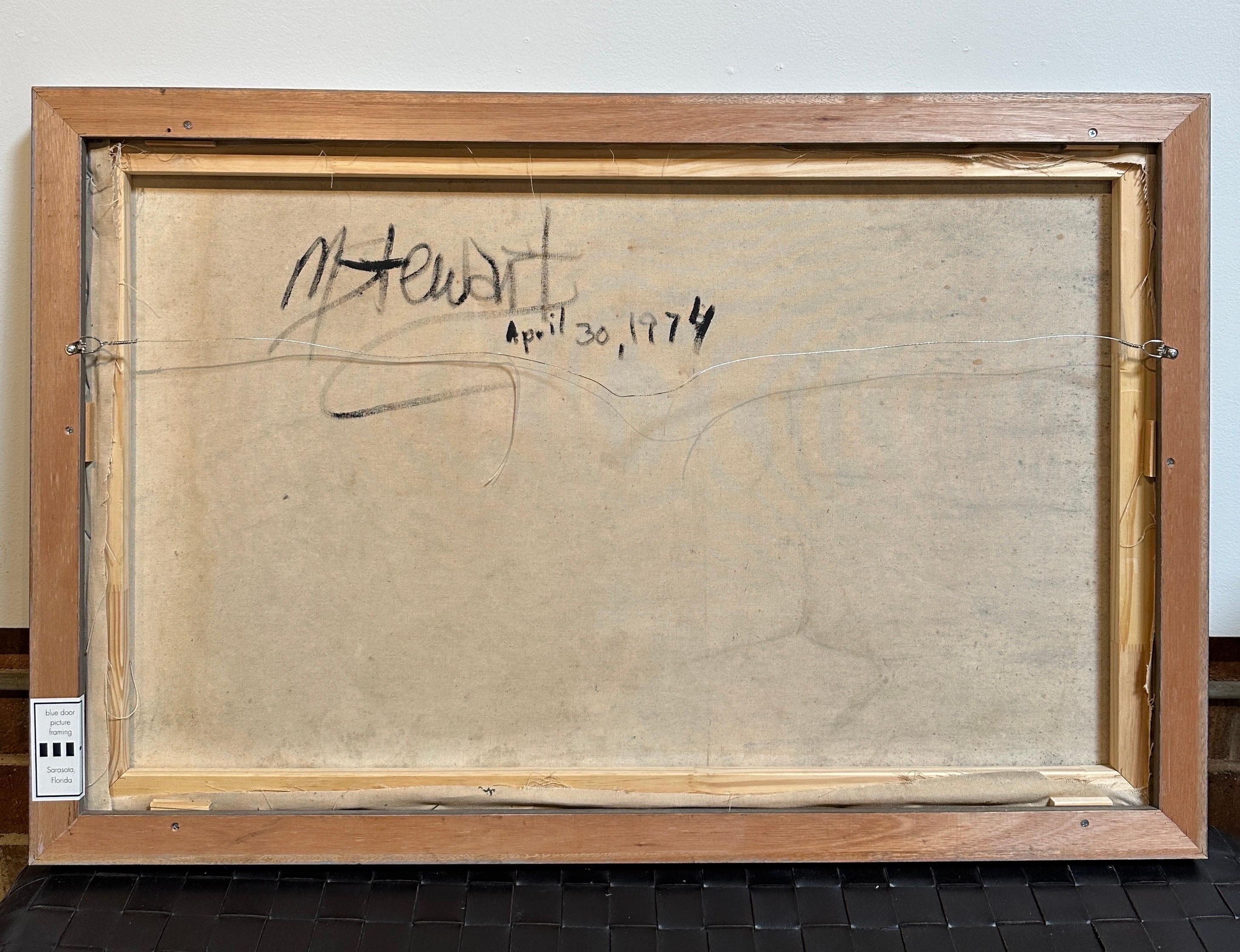 Abstraktes Gemälde aus der Mitte der 70er Jahre - Stil von Jackson Pollack, blau, cremefarben, lavendel im Angebot 5