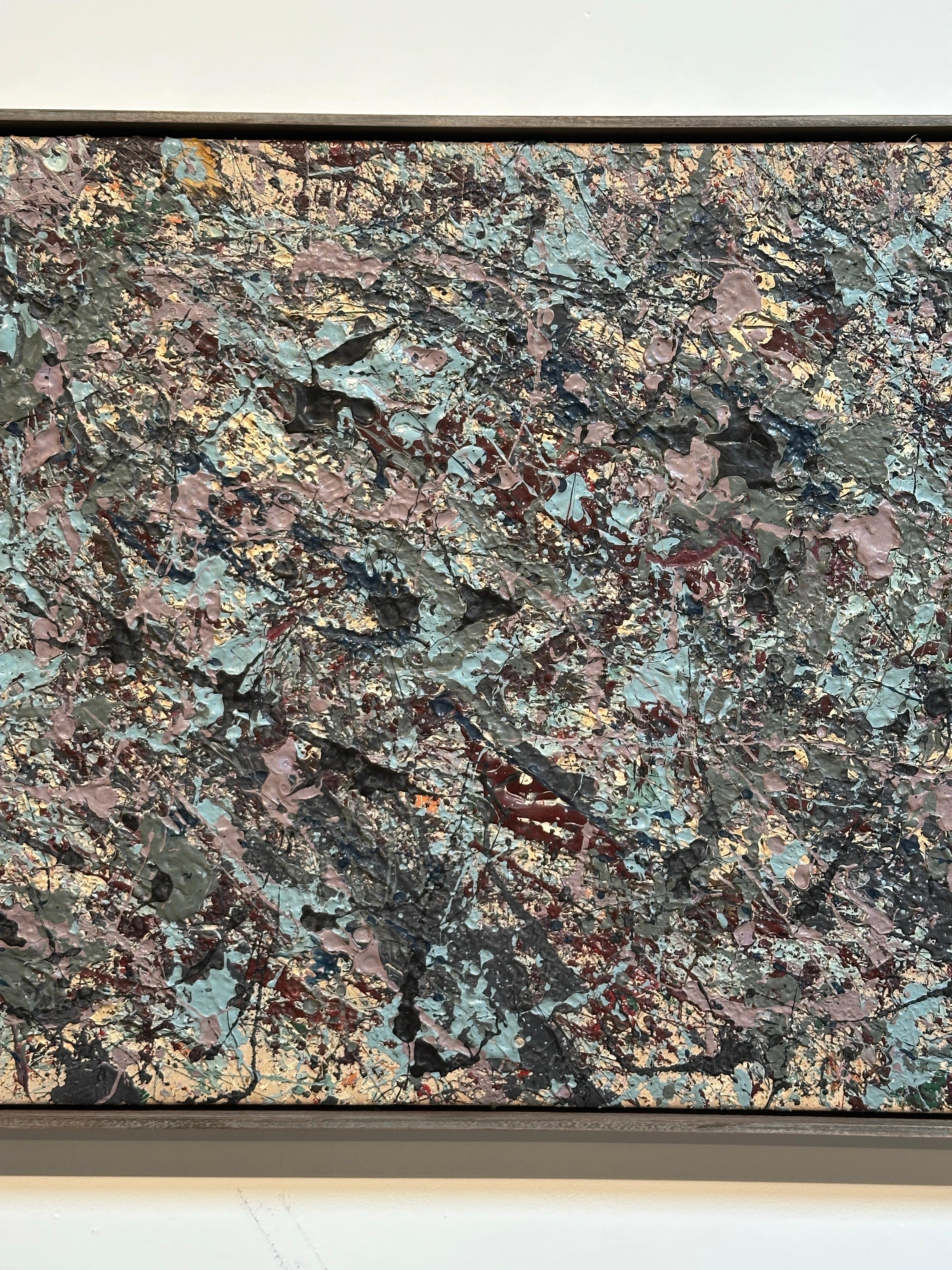 Abstraktes Gemälde aus der Mitte der 70er Jahre - Stil von Jackson Pollack, blau, cremefarben, lavendel (Gemalt) im Angebot