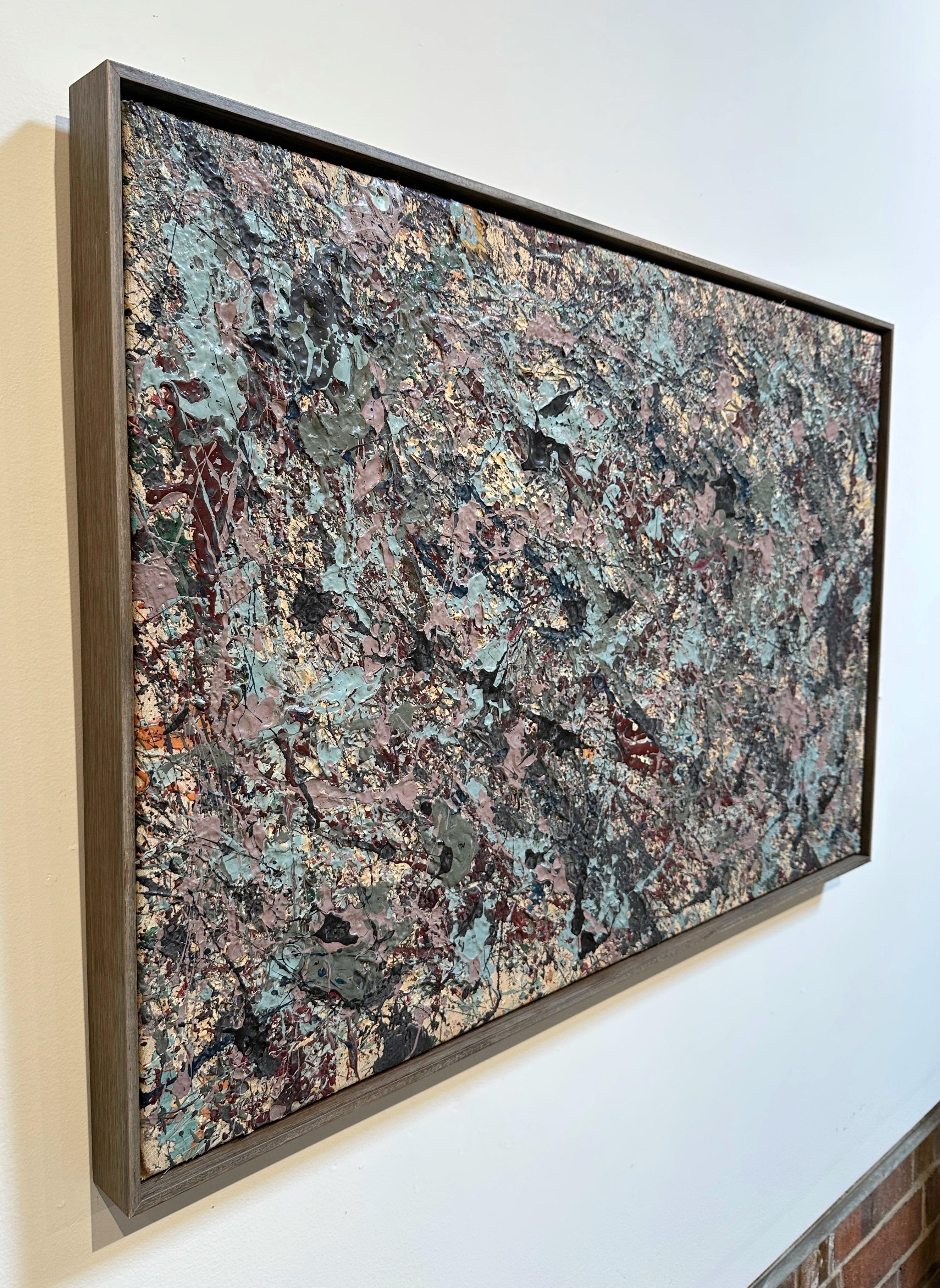 Abstraktes Gemälde aus der Mitte der 70er Jahre - Stil von Jackson Pollack, blau, cremefarben, lavendel (Ende des 20. Jahrhunderts) im Angebot