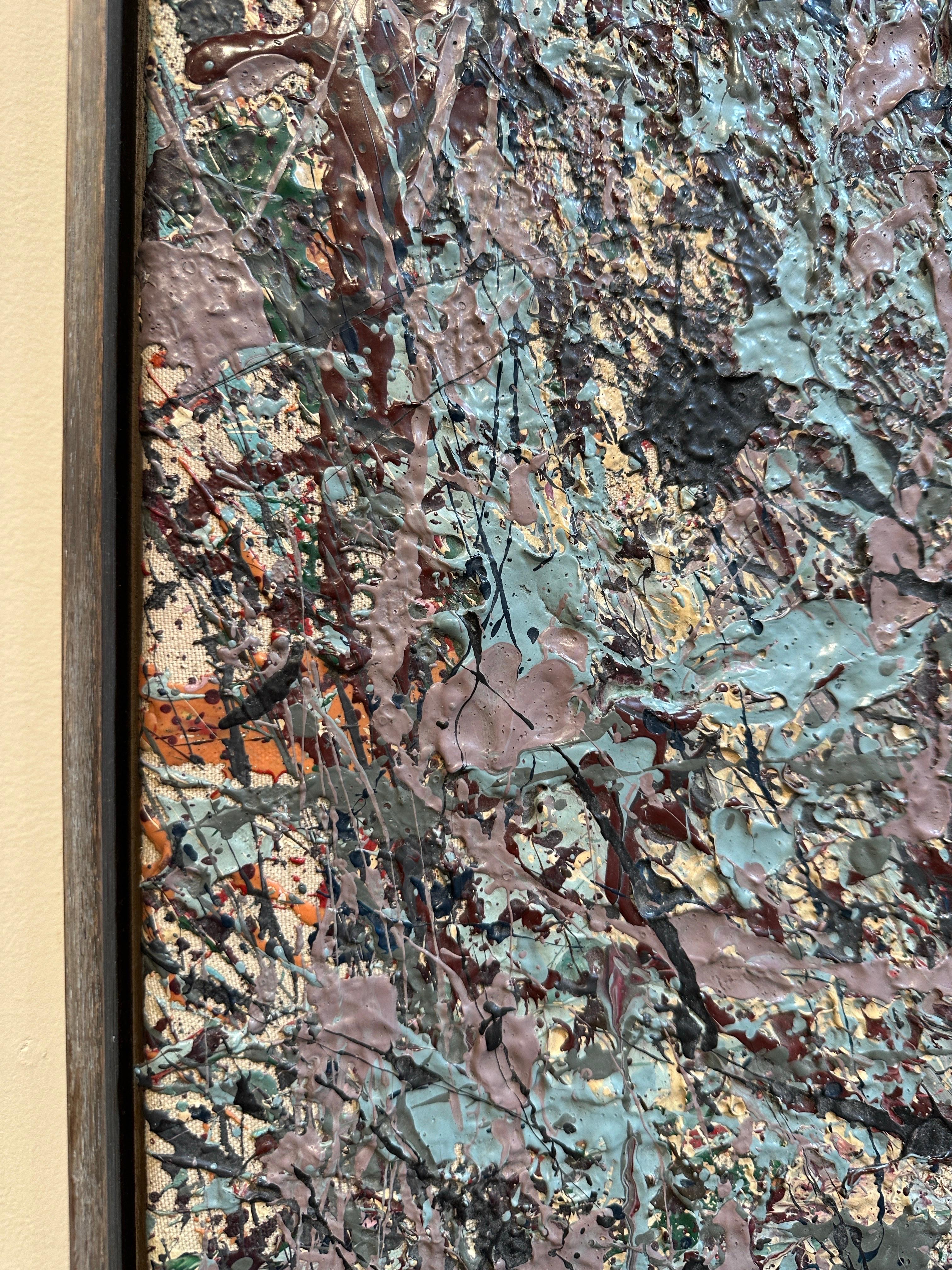 Abstraktes Gemälde aus der Mitte der 70er Jahre - Stil von Jackson Pollack, blau, cremefarben, lavendel (Farbe) im Angebot