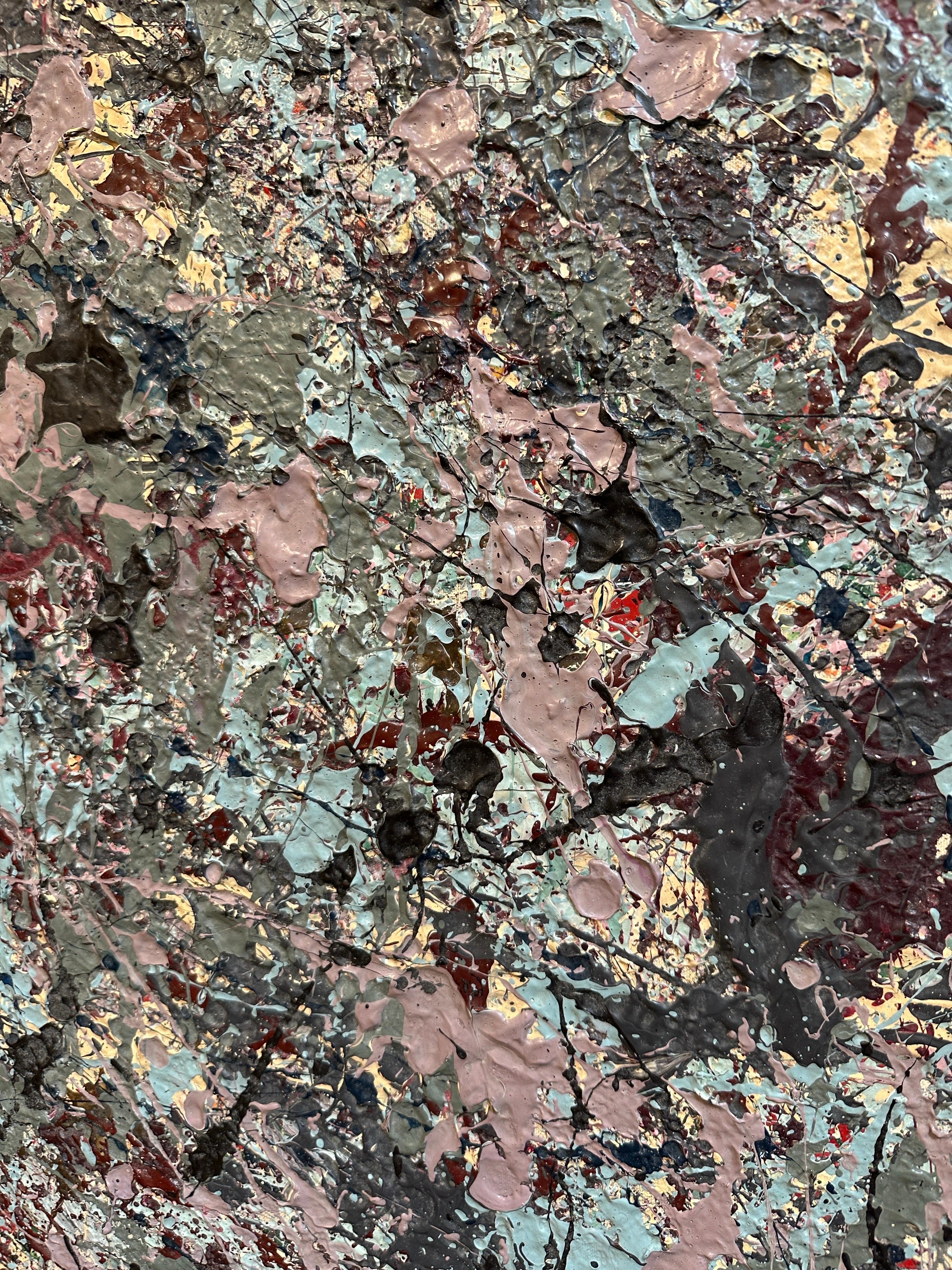 Abstraktes Gemälde aus der Mitte der 70er Jahre - Stil von Jackson Pollack, blau, cremefarben, lavendel im Angebot 1