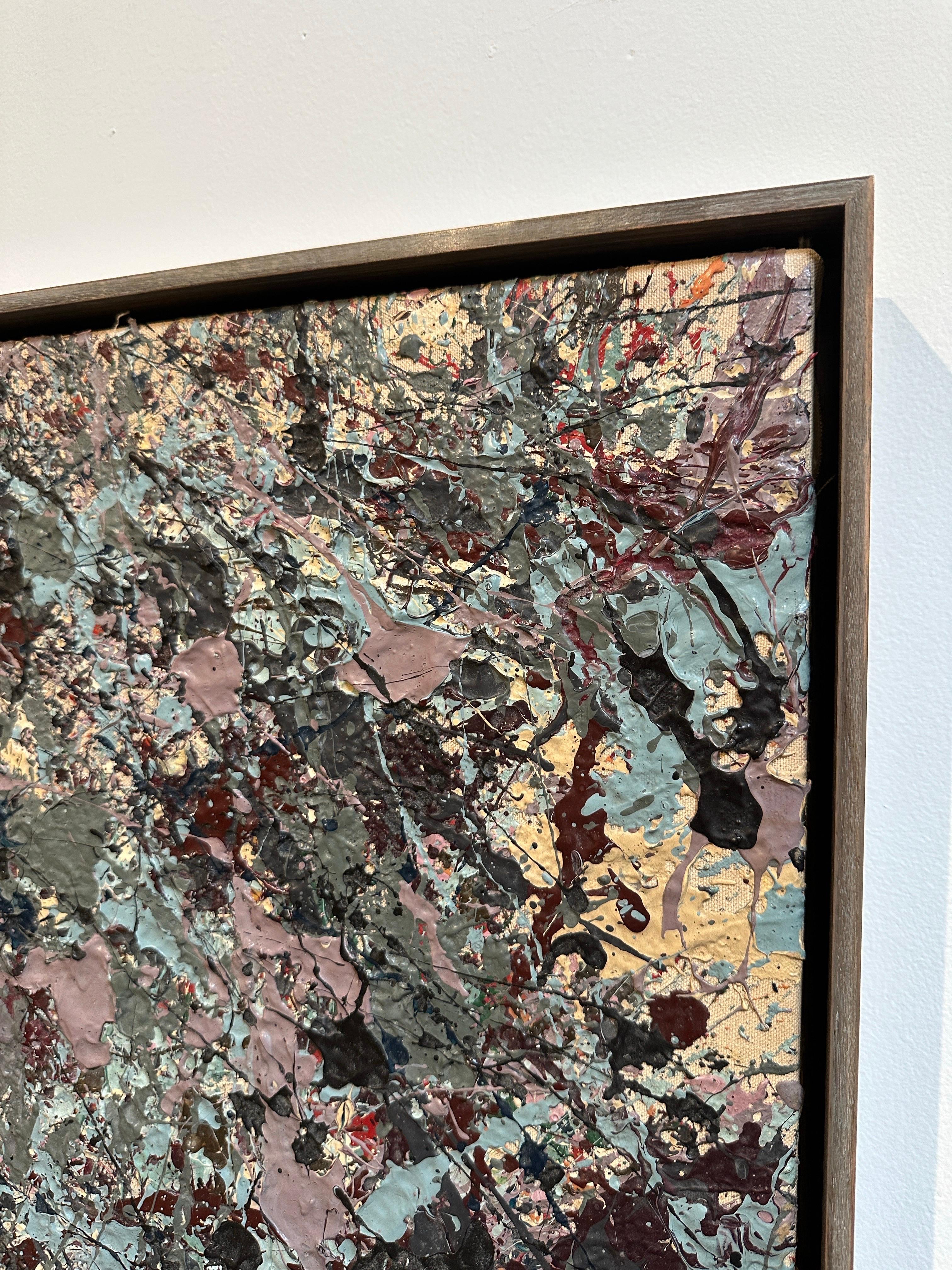 Abstraktes Gemälde aus der Mitte der 70er Jahre - Stil von Jackson Pollack, blau, cremefarben, lavendel im Angebot 2