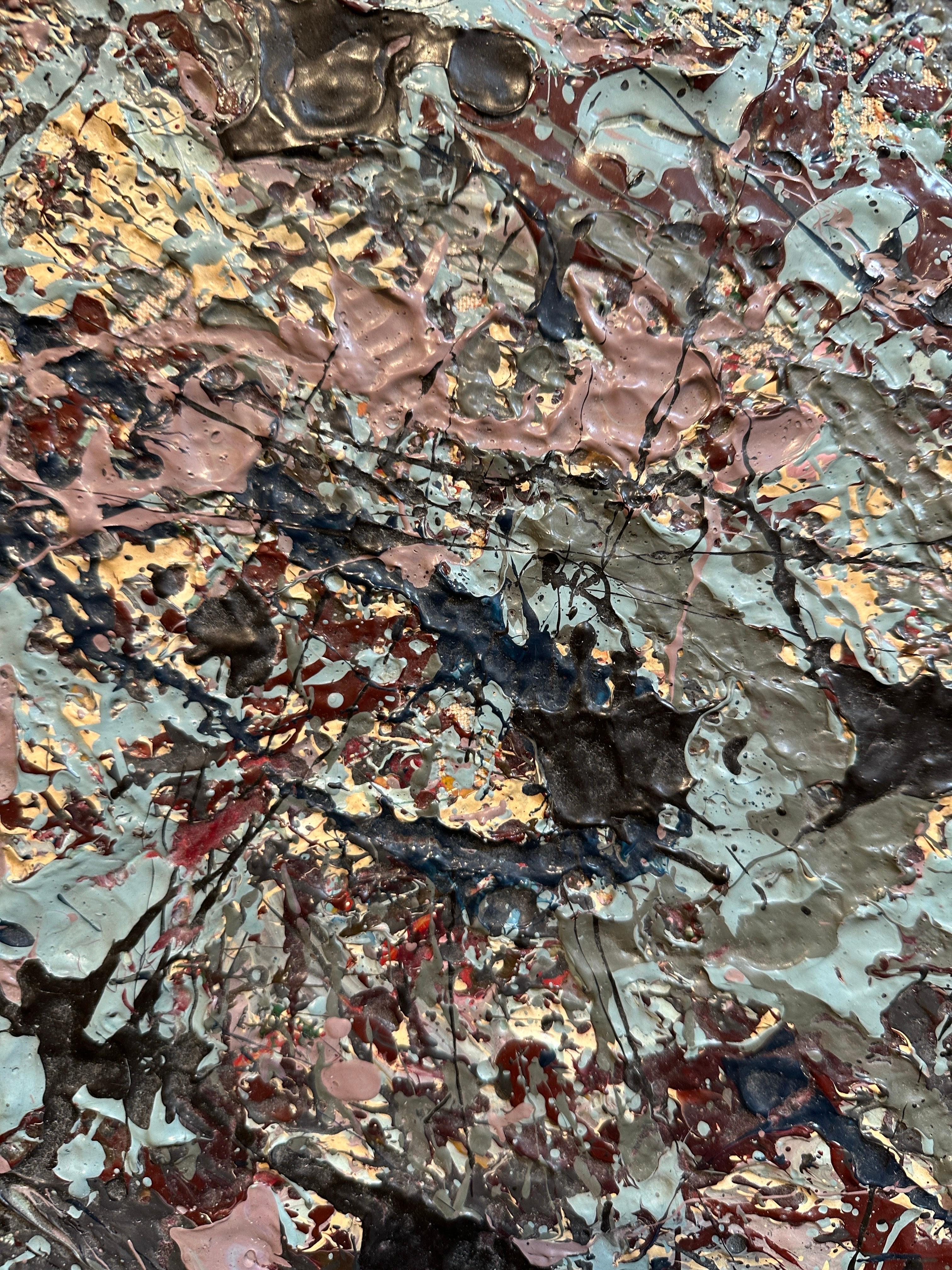 Abstraktes Gemälde aus der Mitte der 70er Jahre - Stil von Jackson Pollack, blau, cremefarben, lavendel im Angebot 3