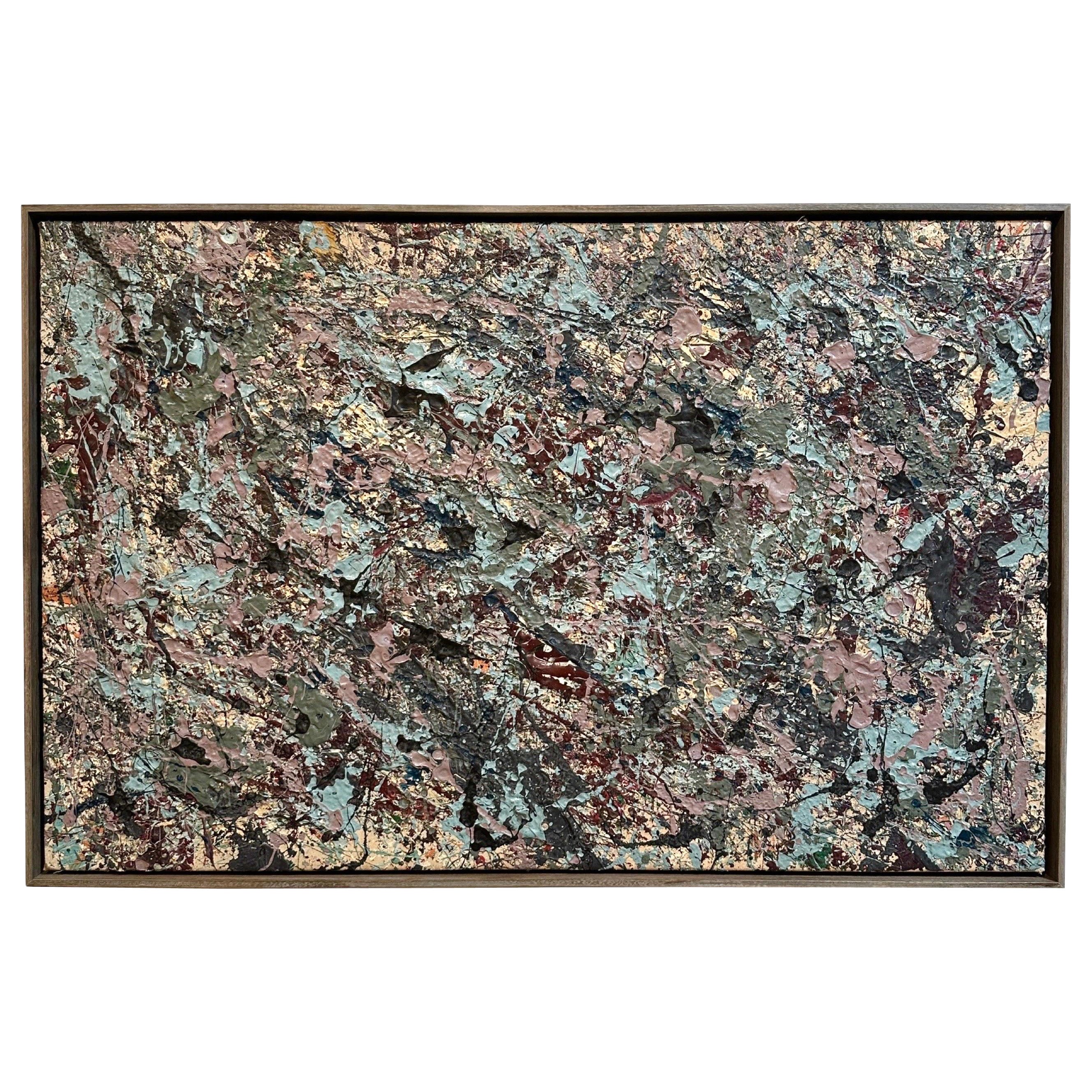 Mid 70s Abstract Painting - Style of Jackson Pollack, blue, cream, lavender