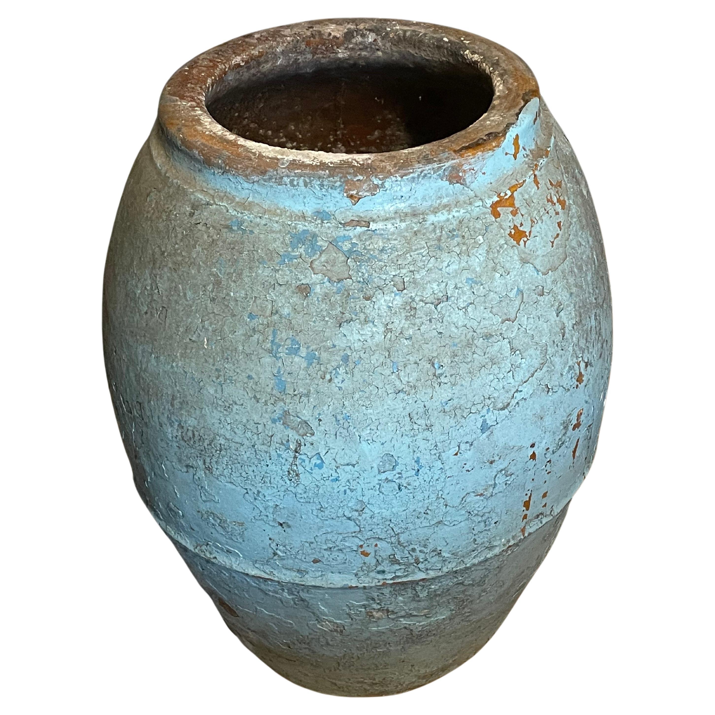Mid Blue Aged Patina Terracotta Olive Pot, Spain, 19th Century