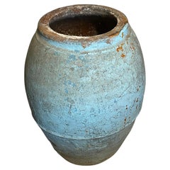 Antique Mid Blue Aged Patina Terracotta Olive Pot, Spain, 19th Century