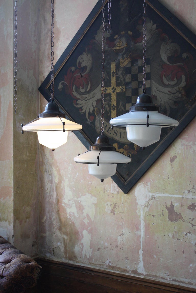 Mid C Brass Steel Opaline Glass Flying Saucer Pendants Lights Four