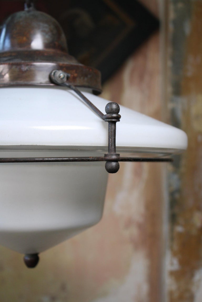 Mid C Brass Steel Opaline Glass Flying Saucer Pendants Lights Four