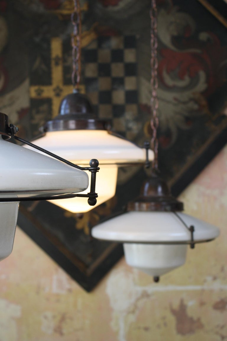 Mid C Brass Steel Opaline Glass Flying Saucer Pendants Lights Four