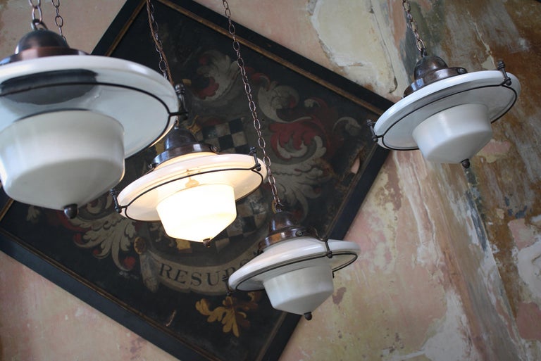 Mid C Brass Steel Opaline Glass Flying Saucer Pendants Lights Four