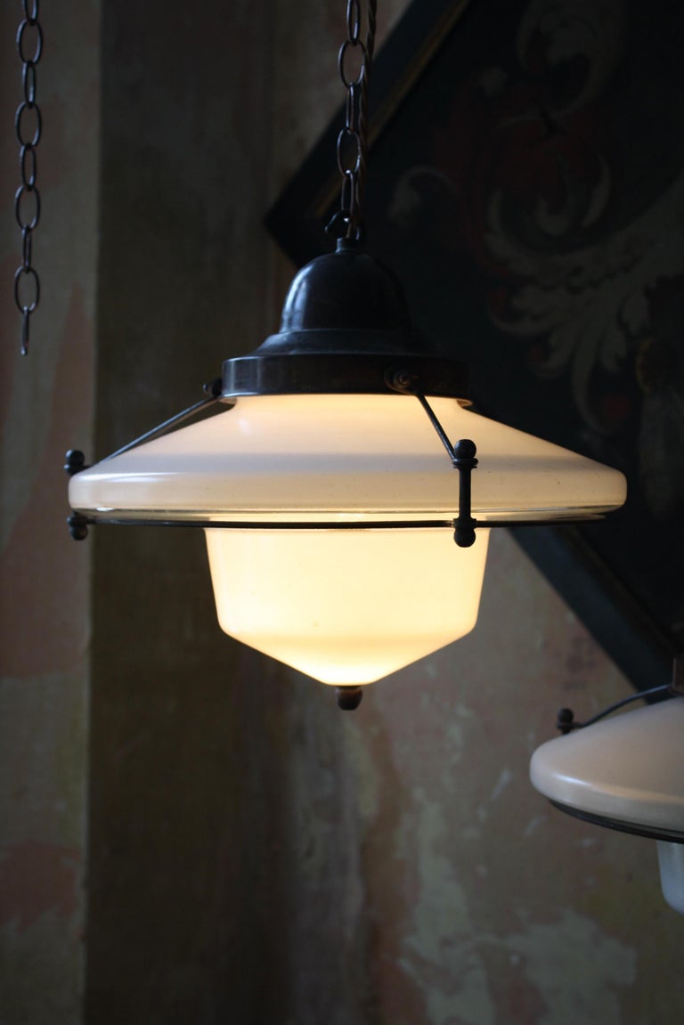 Mid C Brass Steel Opaline Glass Flying Saucer Pendants Lights Four