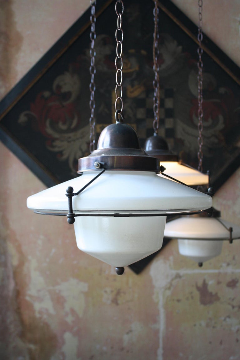 Mid C Brass Steel Opaline Glass Flying Saucer Pendants Lights Four