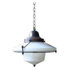 Mid C Brass Steel Opaline Glass Flying Saucer Pendants Lights Four Available
