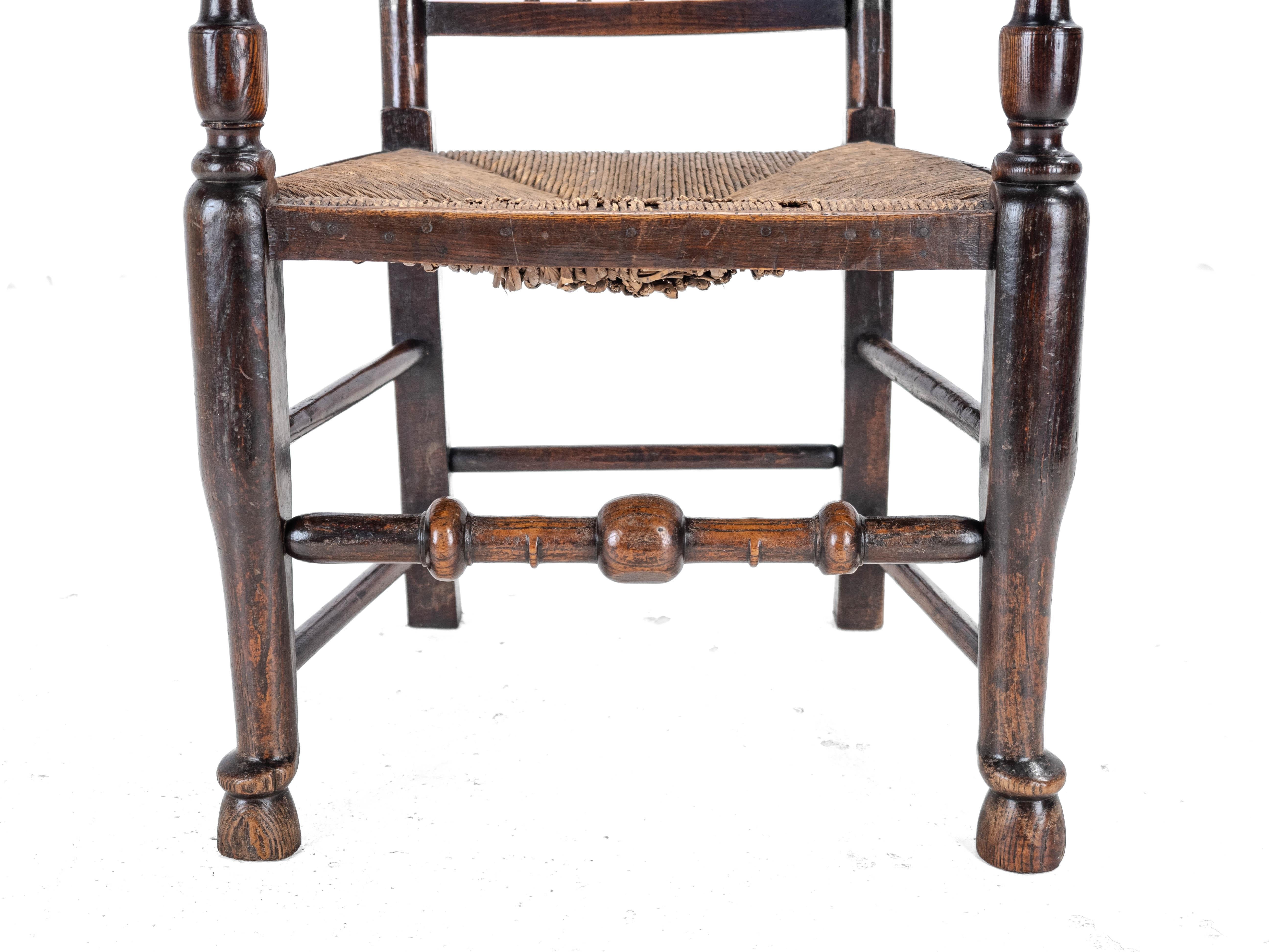 Mid c.19th Elm & Ash Lancashire Rush Seat Country Elbow Chair Carver Armchair For Sale 5