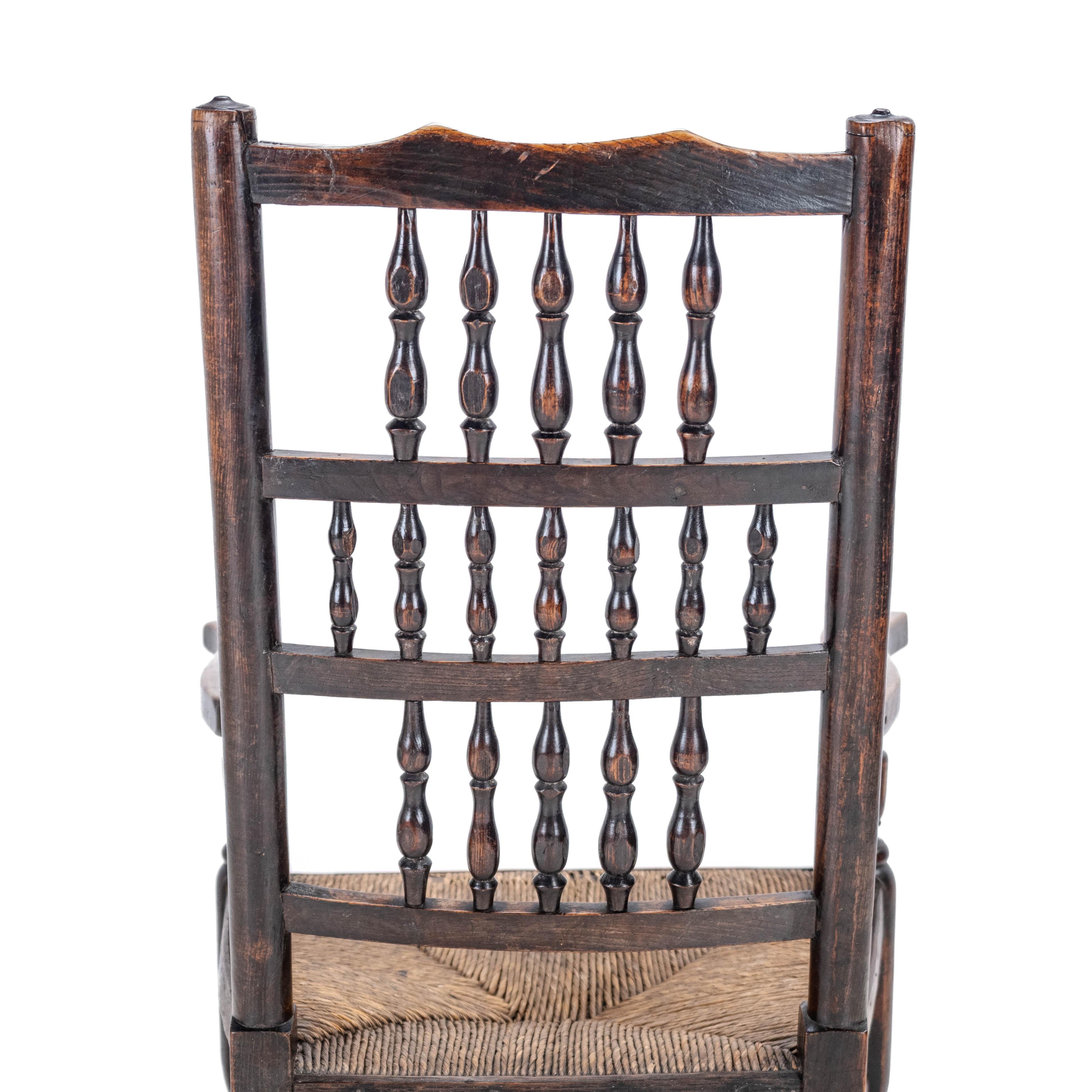 Mid c.19th Elm & Ash Lancashire Rush Seat Country Elbow Chair Carver Armchair For Sale 7