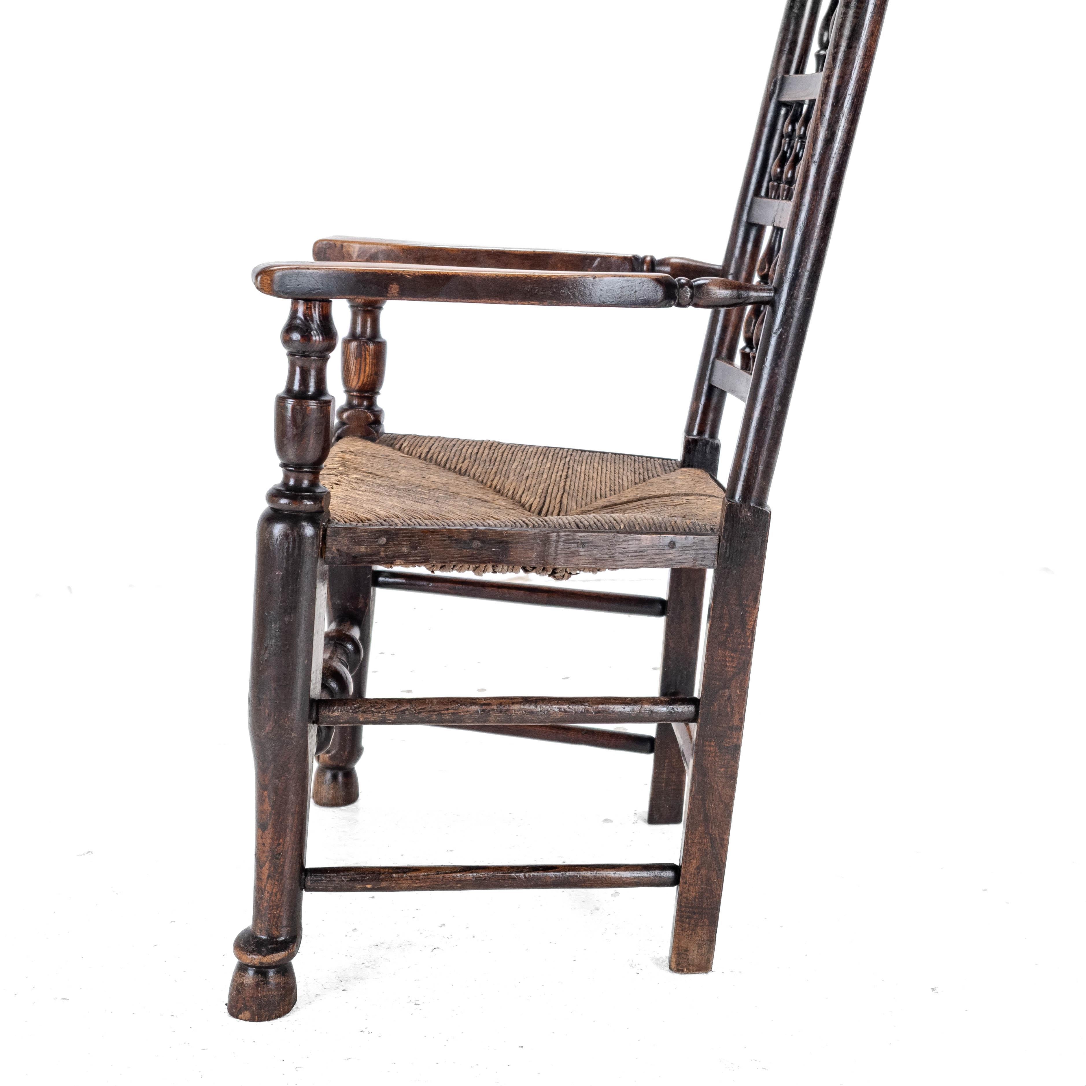 Mid c.19th Elm & Ash Lancashire Rush Seat Country Elbow Chair Carver Armchair For Sale 8
