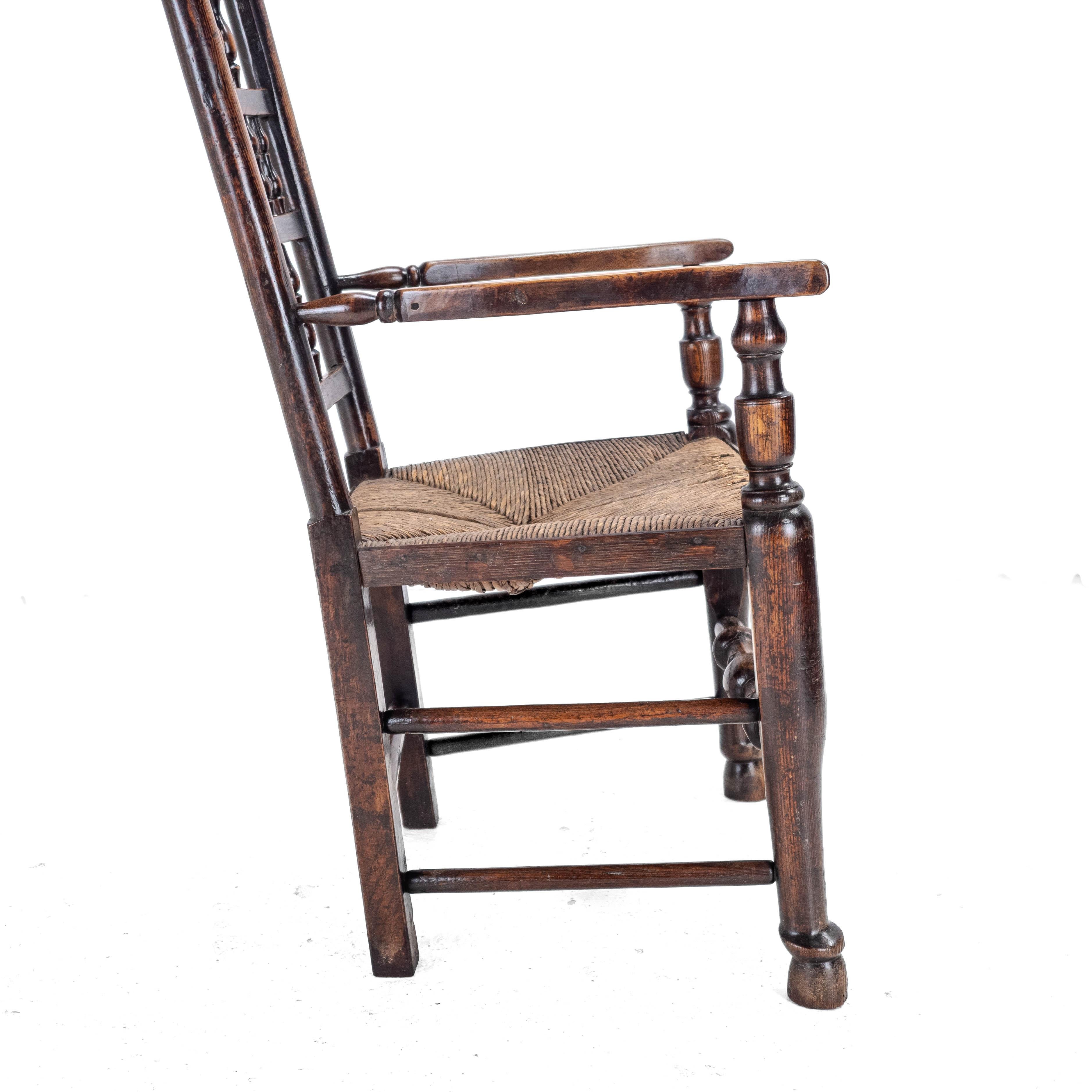 Mid c.19th Elm & Ash Lancashire Rush Seat Country Elbow Chair Carver Armchair For Sale 9