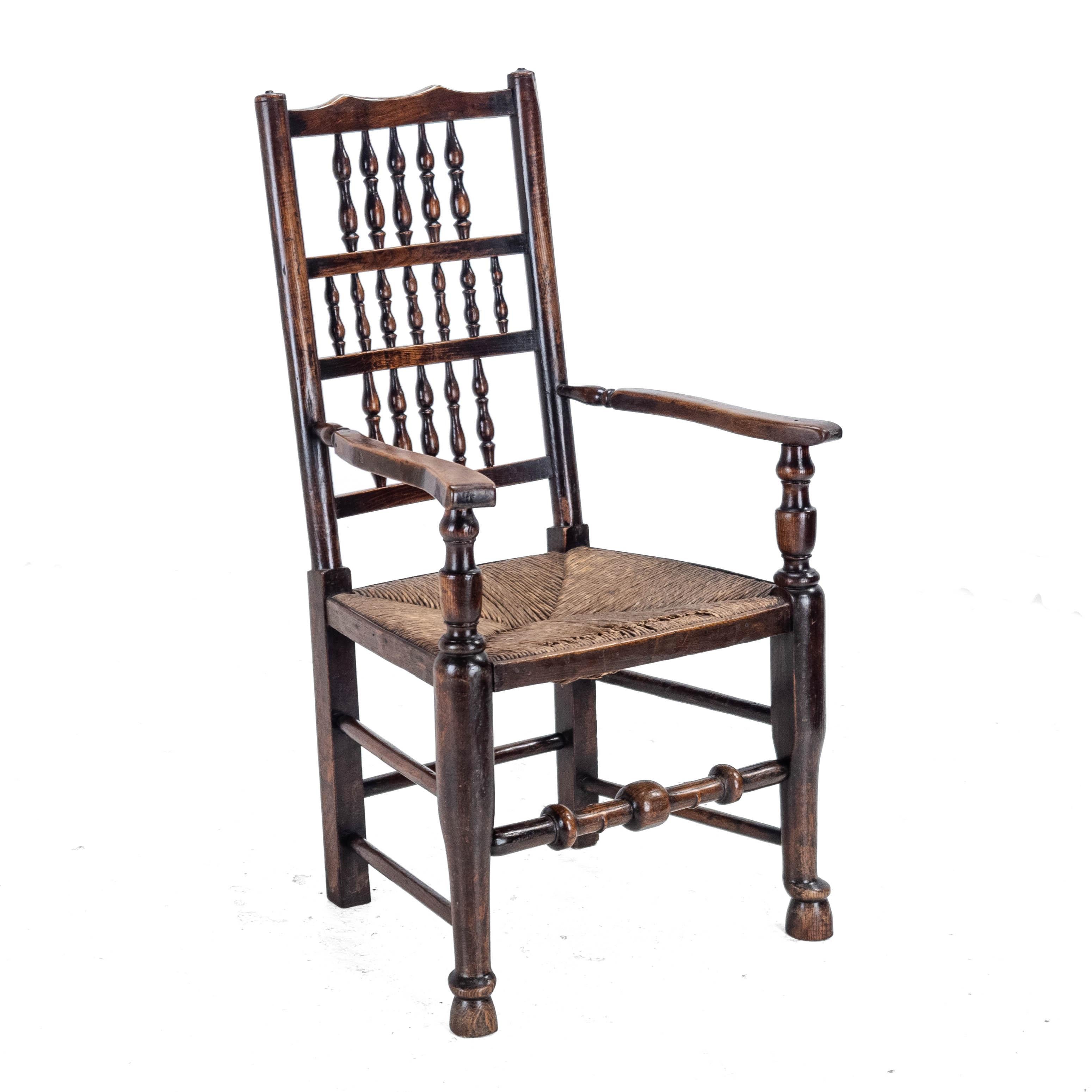 English Mid c.19th Elm & Ash Lancashire Rush Seat Country Elbow Chair Carver Armchair For Sale