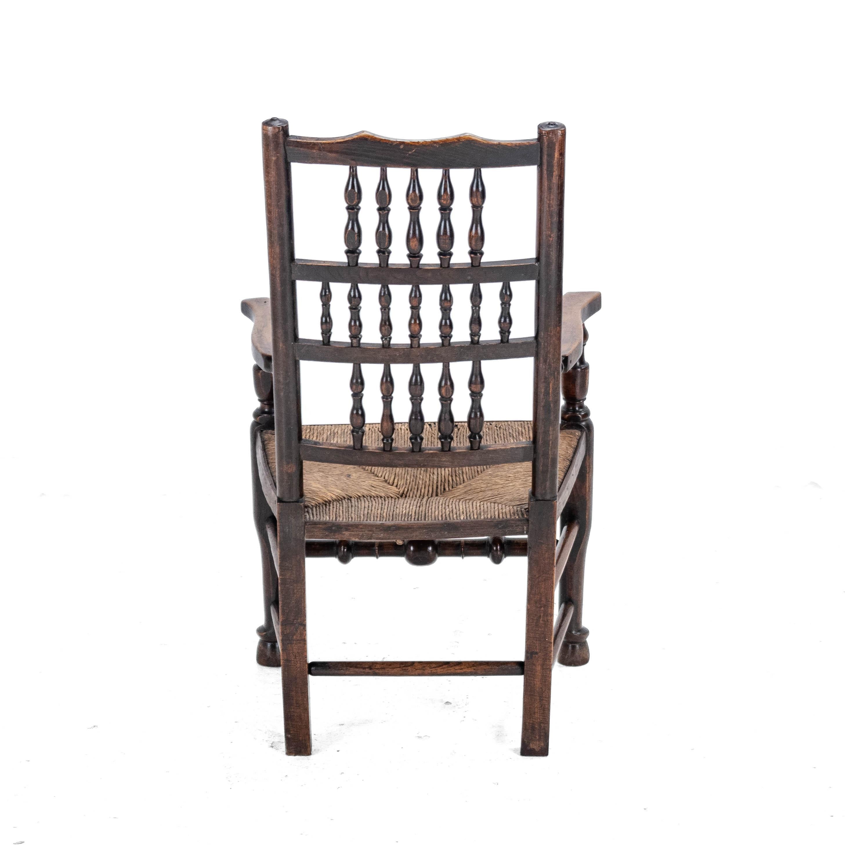 Mid-19th Century Mid c.19th Elm & Ash Lancashire Rush Seat Country Elbow Chair Carver Armchair For Sale