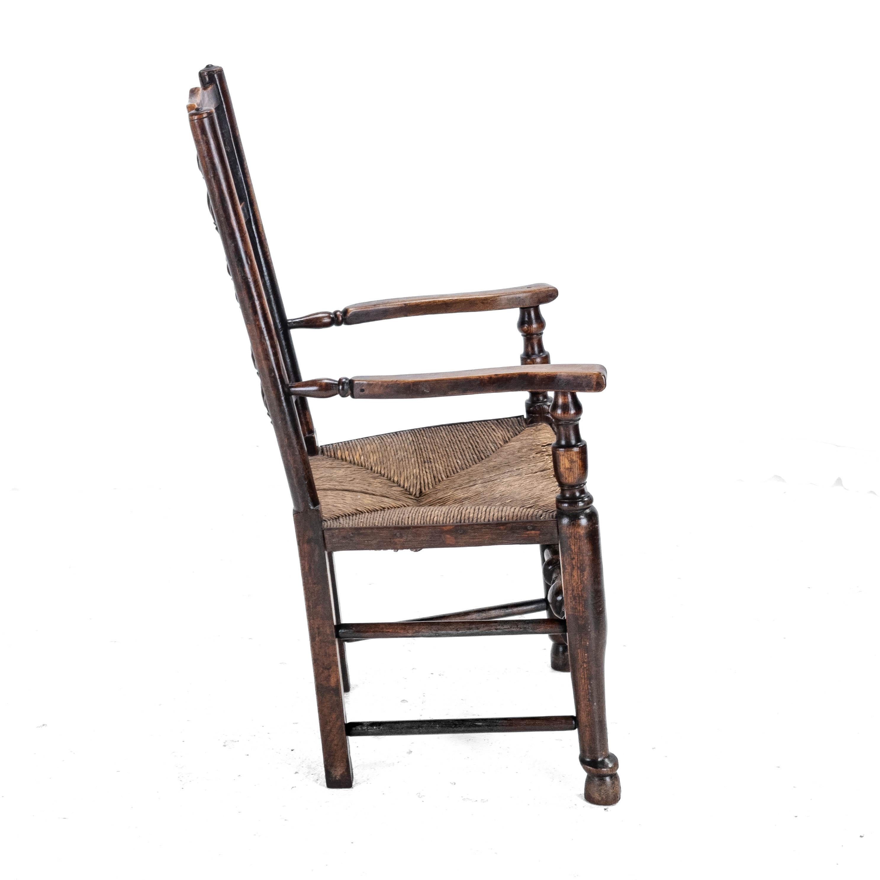 Mid c.19th Elm & Ash Lancashire Rush Seat Country Elbow Chair Carver Armchair For Sale 1
