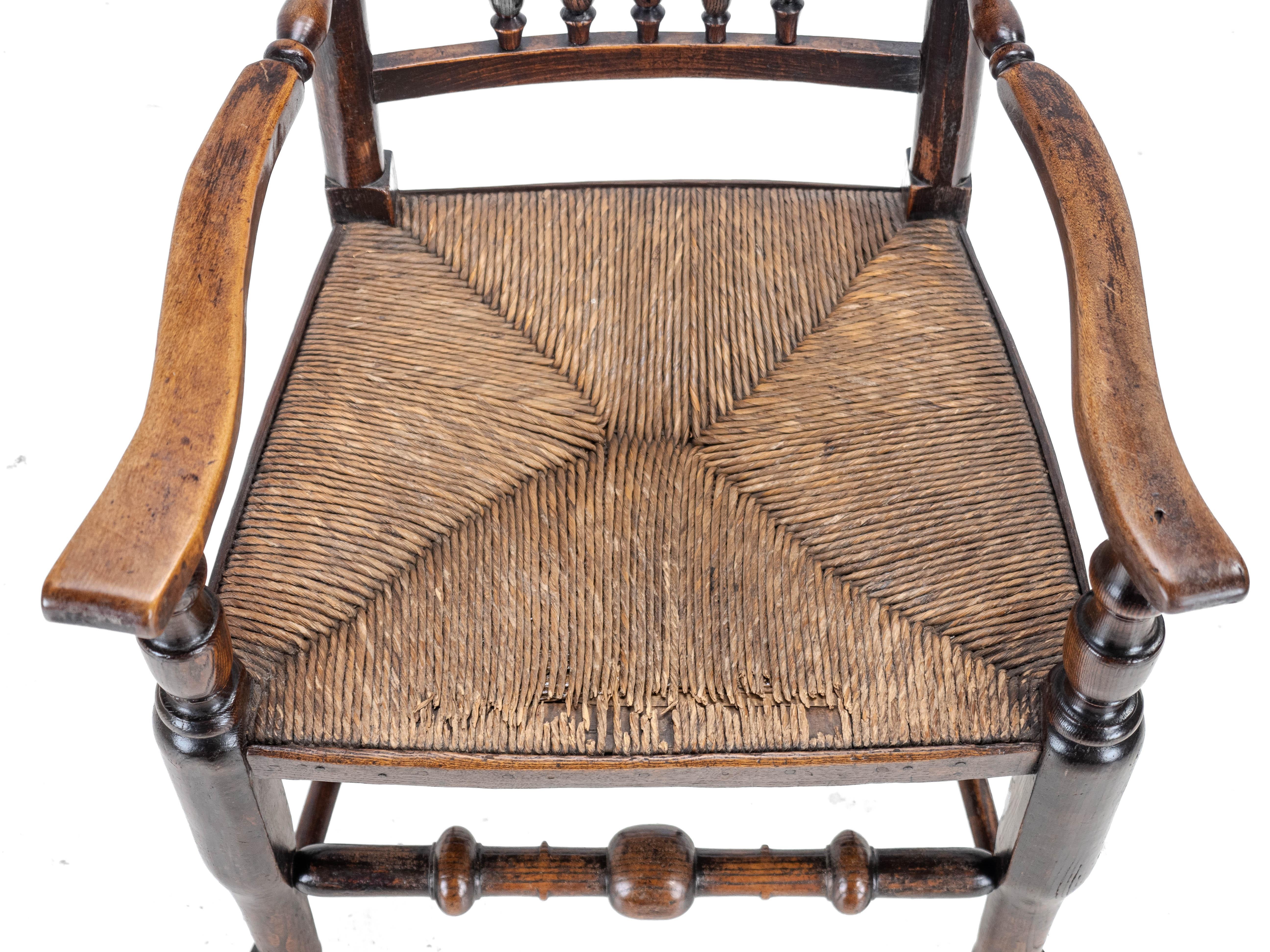 Mid c.19th Elm & Ash Lancashire Rush Seat Country Elbow Chair Carver Armchair For Sale 2