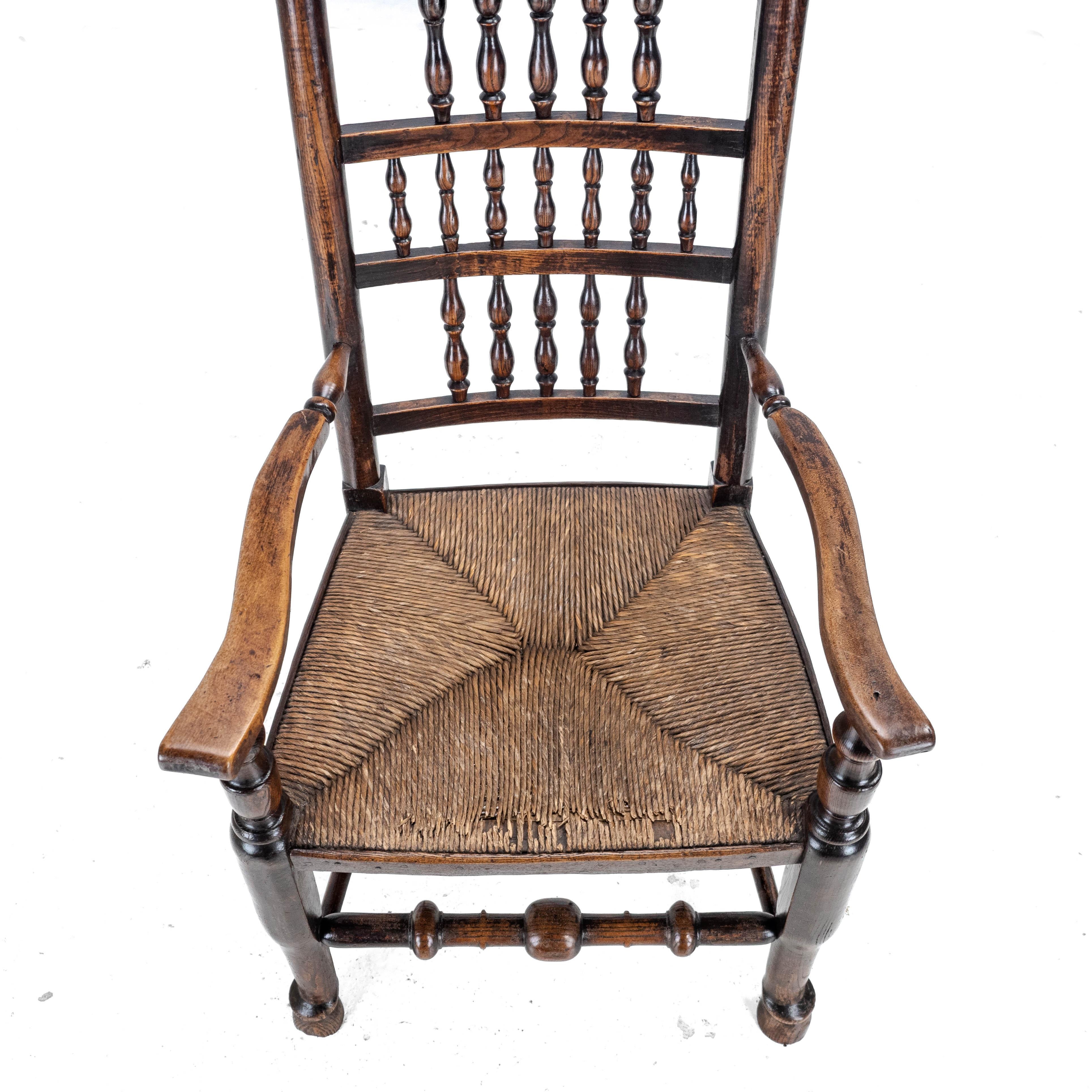 Mid c.19th Elm & Ash Lancashire Rush Seat Country Elbow Chair Carver Armchair For Sale 3