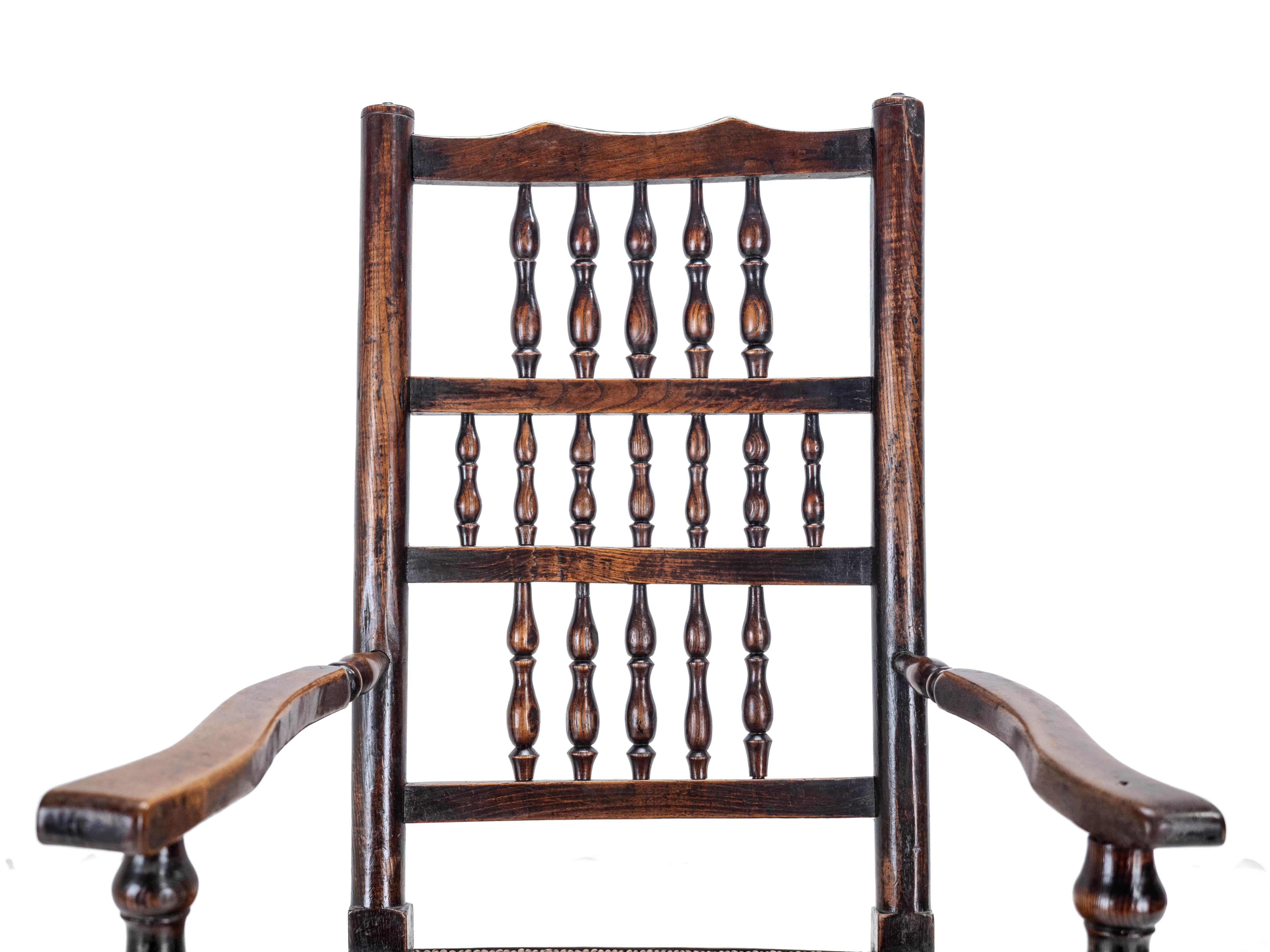 Mid c.19th Elm & Ash Lancashire Rush Seat Country Elbow Chair Carver Armchair For Sale 4