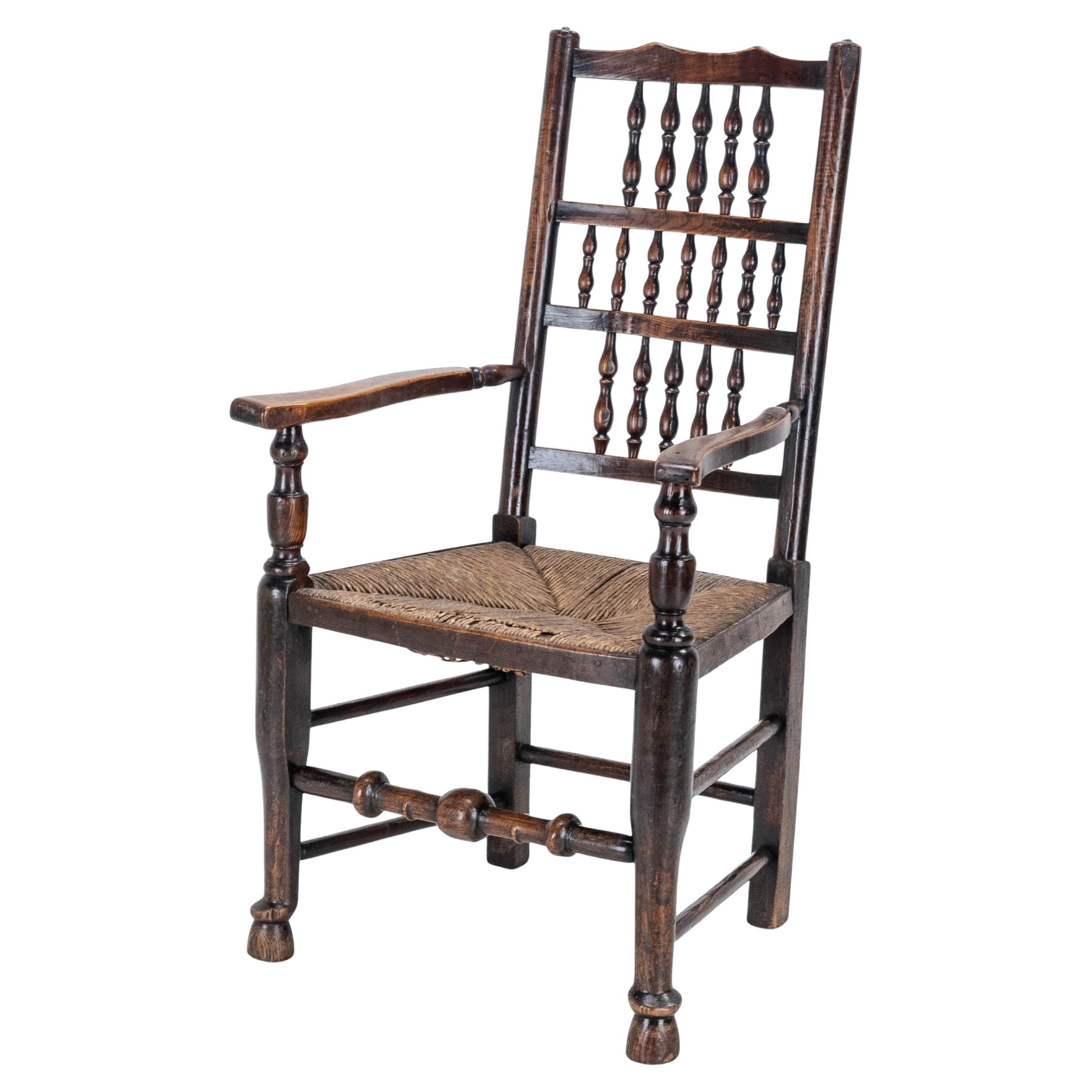 Mid c.19th Elm & Ash Lancashire Rush Seat Country Elbow Chair Carver Armchair For Sale