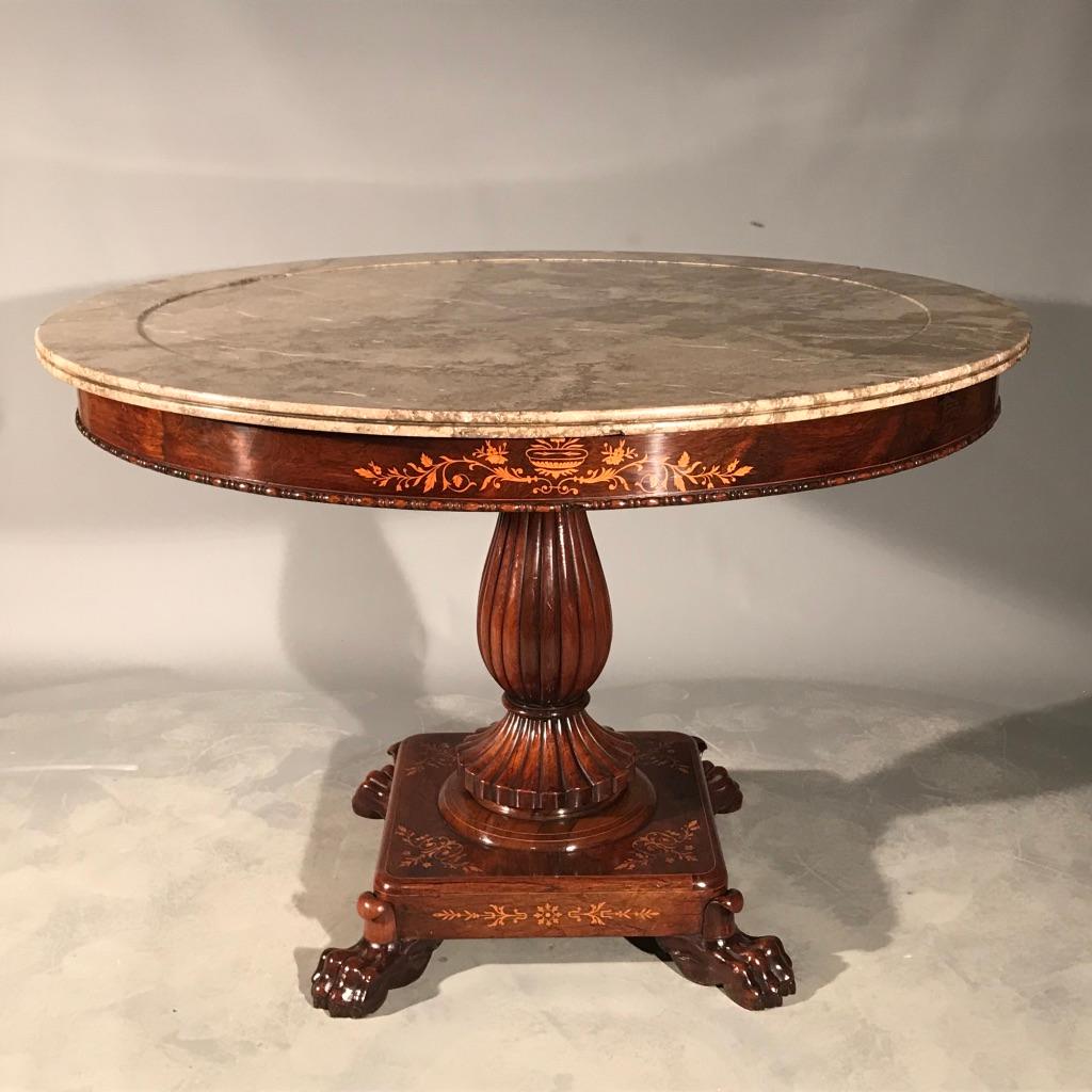 This is a truly magnificent quality French rosewood and marquetry Gueridon centre table with original marble top, circa 1860 and in fine condition.
This is without doubt the best quality and most elegant example I have had the pleasure of handling