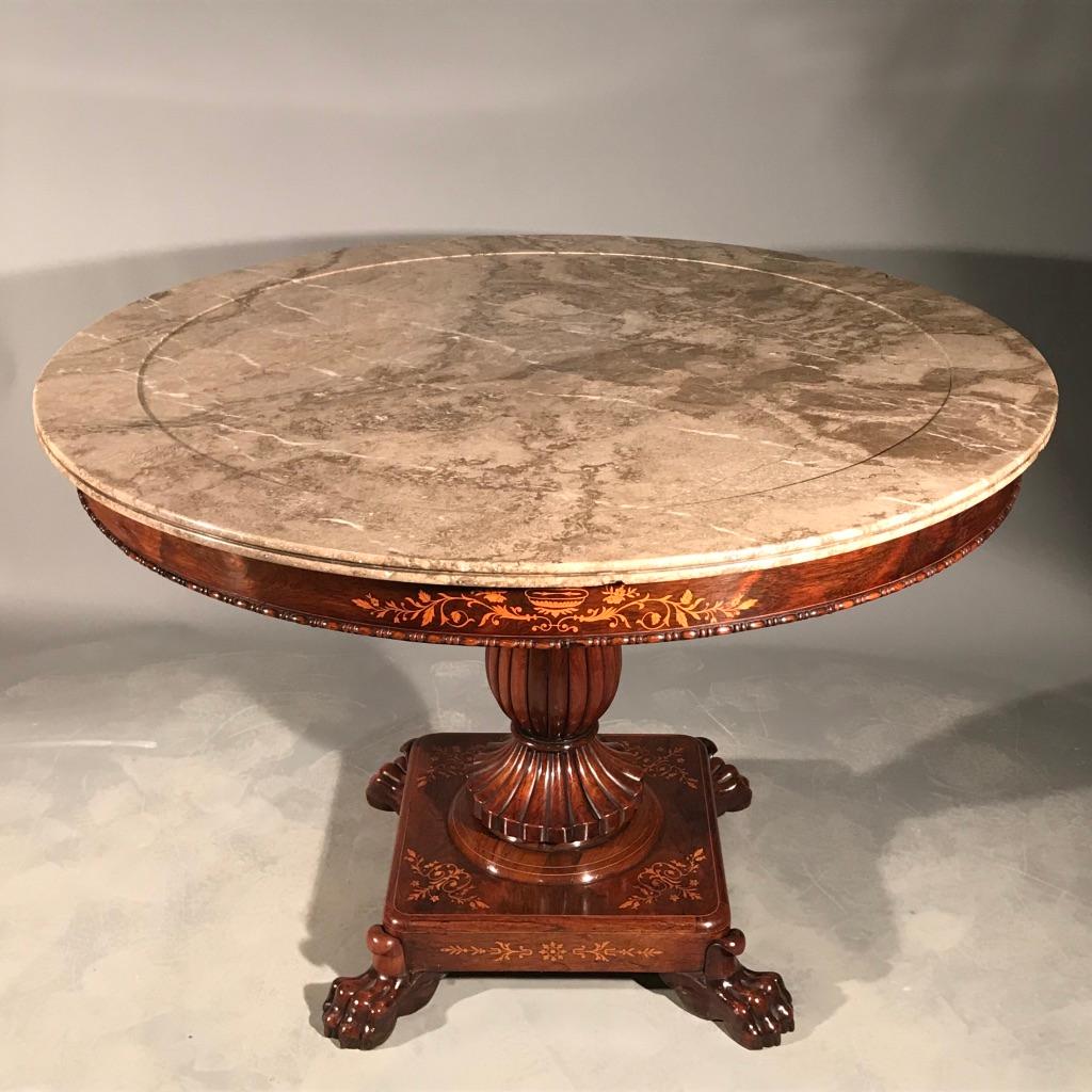 Empire Mid-19th Century French Rosewood and Marquetry Gueridon Table with Marble Top