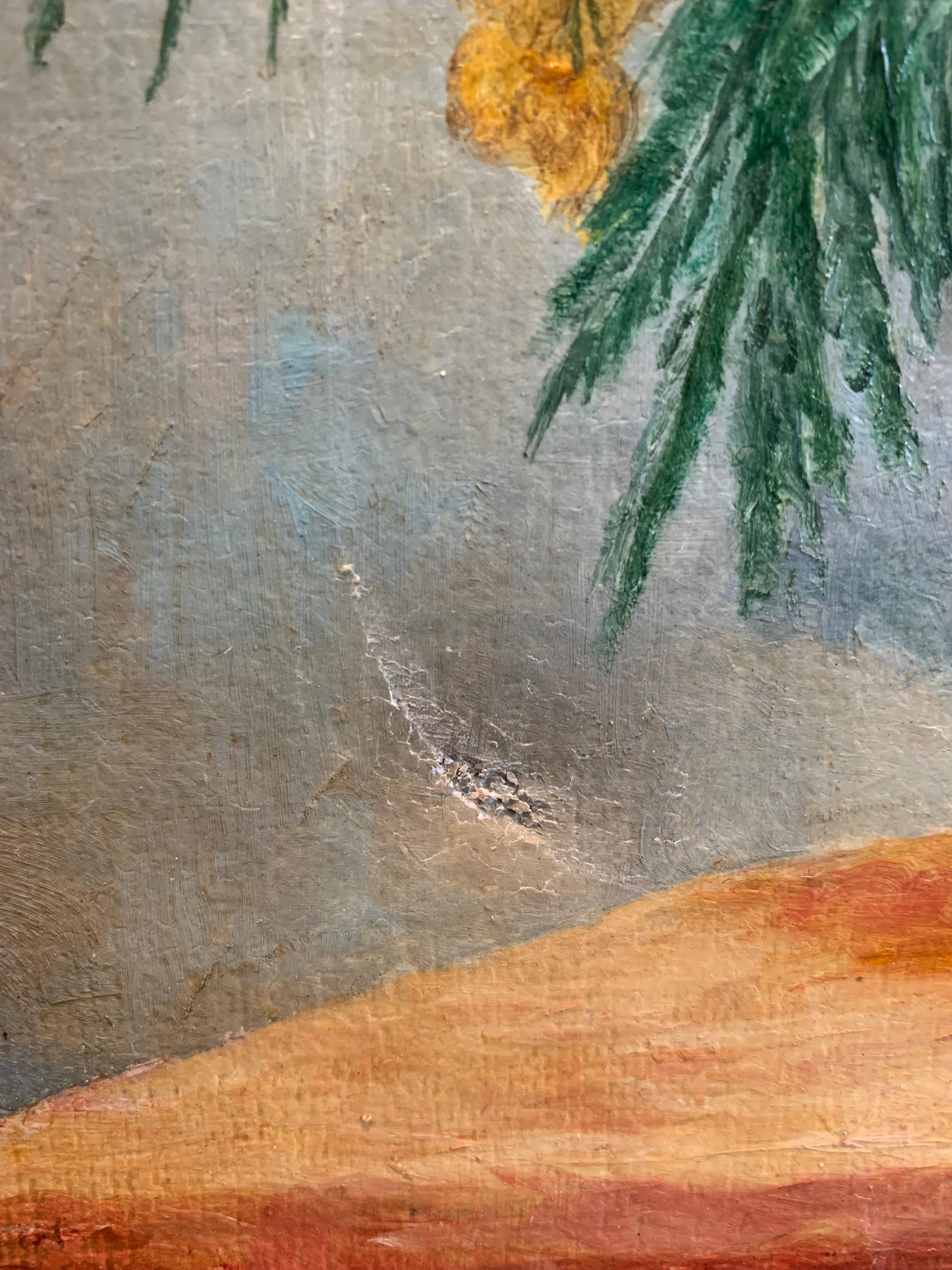 Mid c20th century oil painting on canvas of Mimosa in a pottery vase For Sale 2