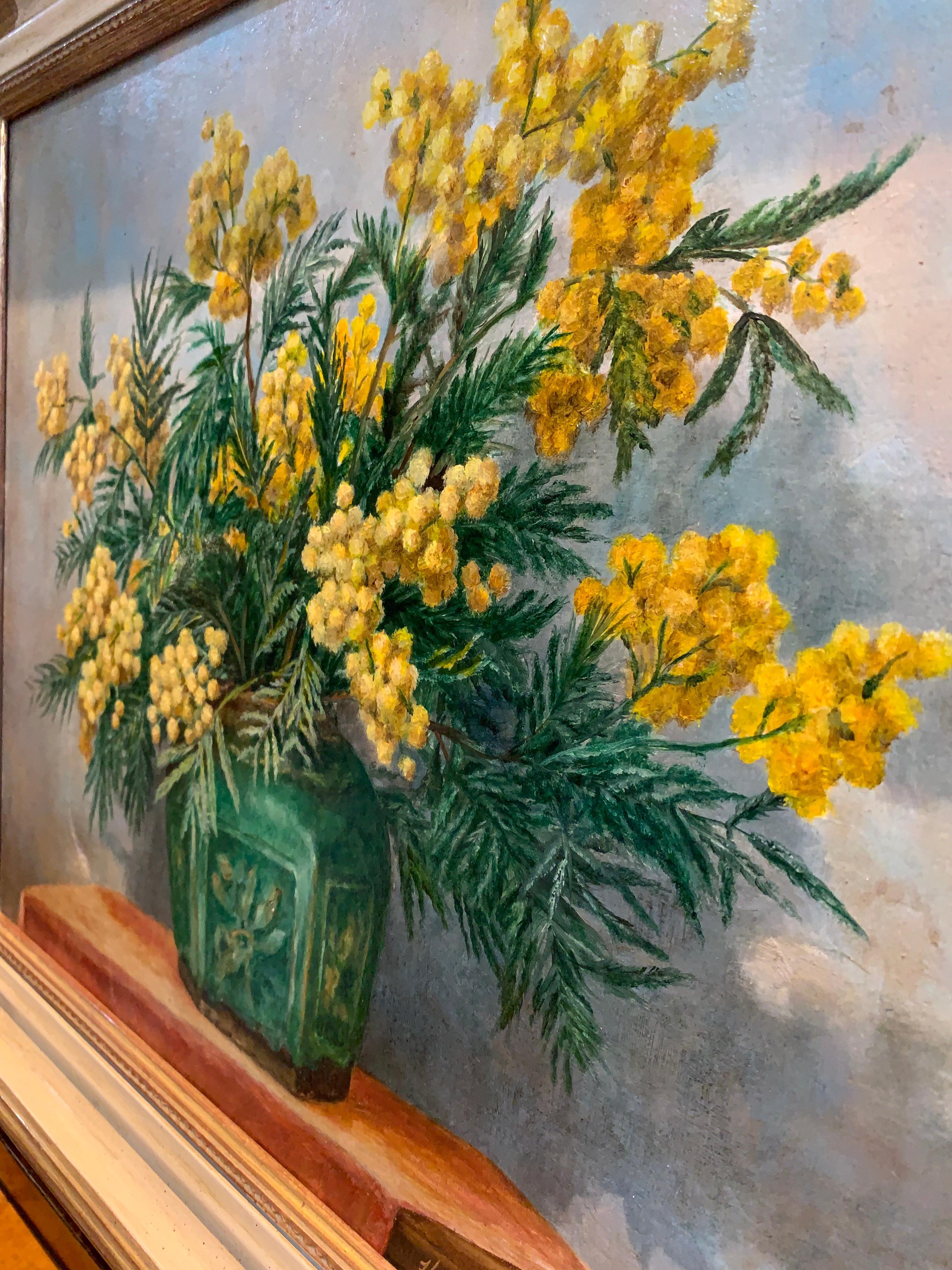 Mid c20th century oil painting on canvas of Mimosa in a pottery vase For Sale 3