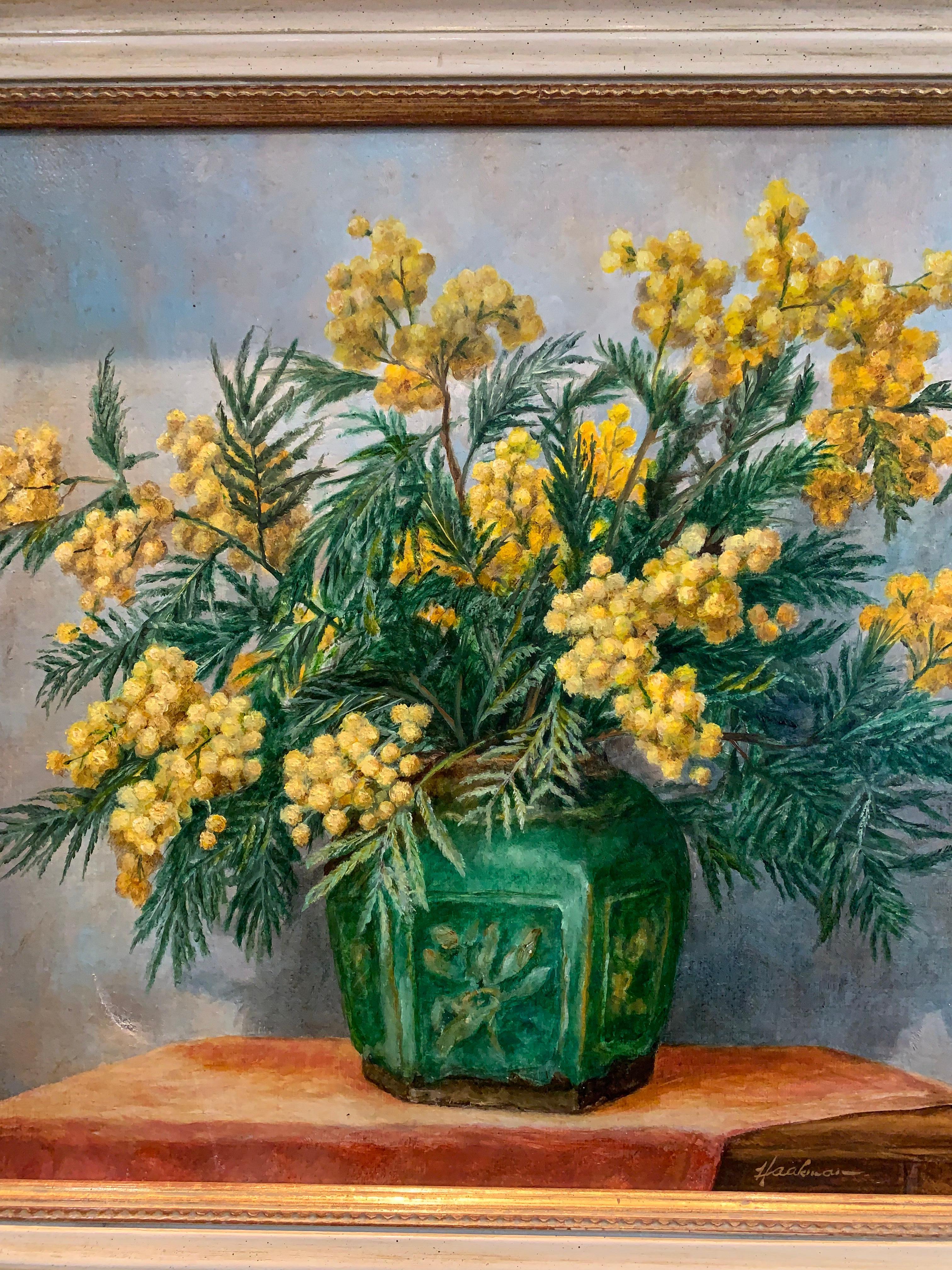 Mid c20th century oil painting on canvas of Mimosa in a pottery vase For Sale 5